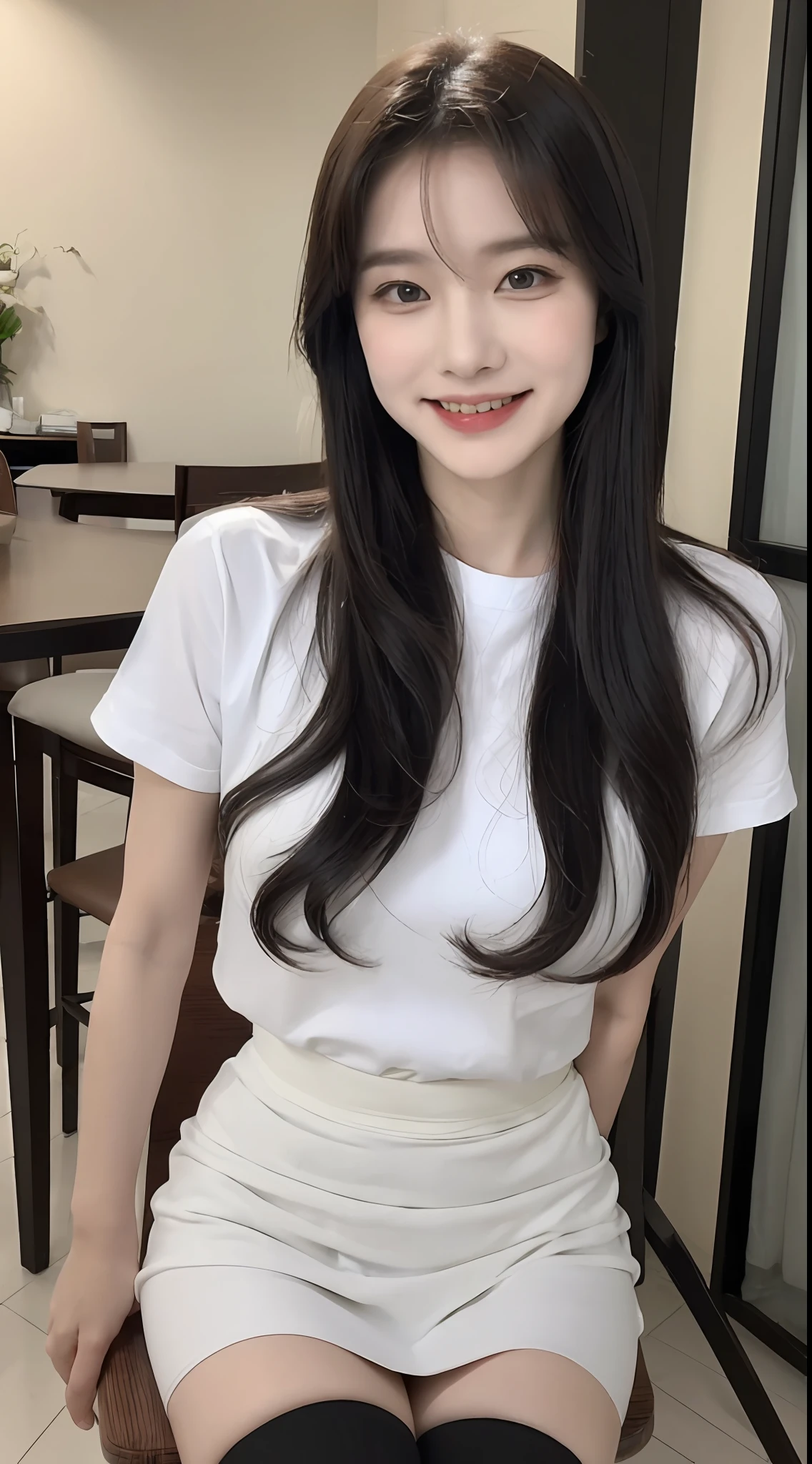 (1 Korean star with royal sister style), ((Best quality, 8K, 巨作: 1.3)), focal point: 1.2, Perfect body proportions: 1.4, (Make a smile),  （Ray traching）,Watery eyes, Highly Detailed Face and Skin Textur, Fine eyes, Double eyelids, Whitens the skin, (long whitr hair, Air bangs: 1.3), (face round: 1.5), (white  shirt,Skirt that wraps hips: 1.4), (Sit on a high chair and show off your figure: 1.6),(black lence stockings: 1.4),(film grain style:1.3)，a sense of atmosphere