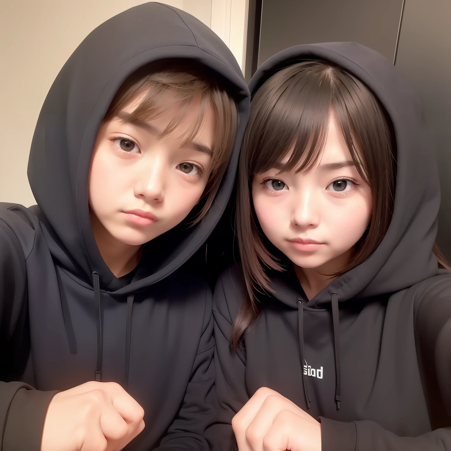 2 person a girl and a man, wearing black hoodie, selfie pose, safe for work, bedroom pose