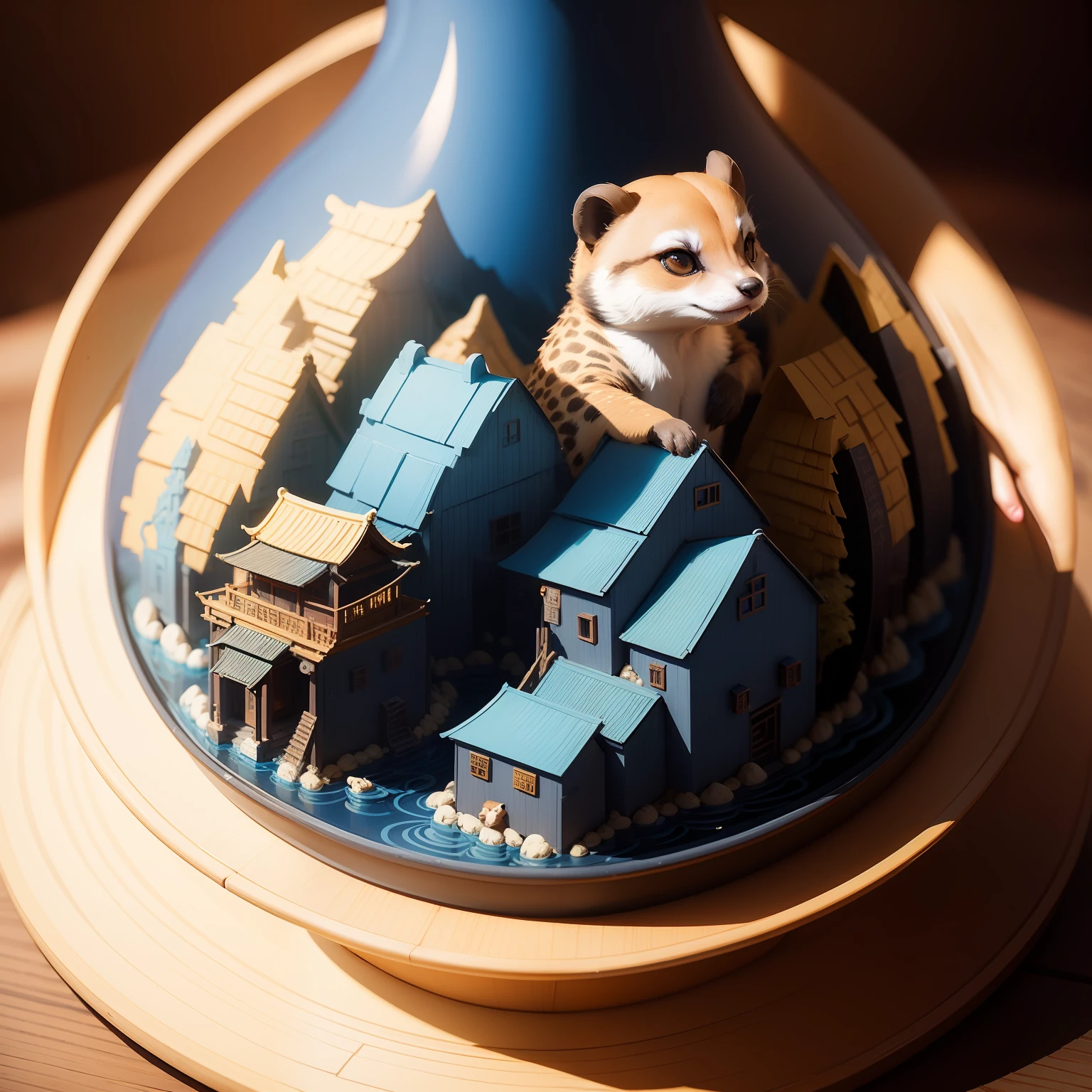 Traditional Chinese landscape painting、Paper creation、3D stereoscopic renderinghigh image quality A logo Put the letters of Meerkat Cafe googoo in a large image Silhouette only Modern and simple Deep Blue gold high-class sense