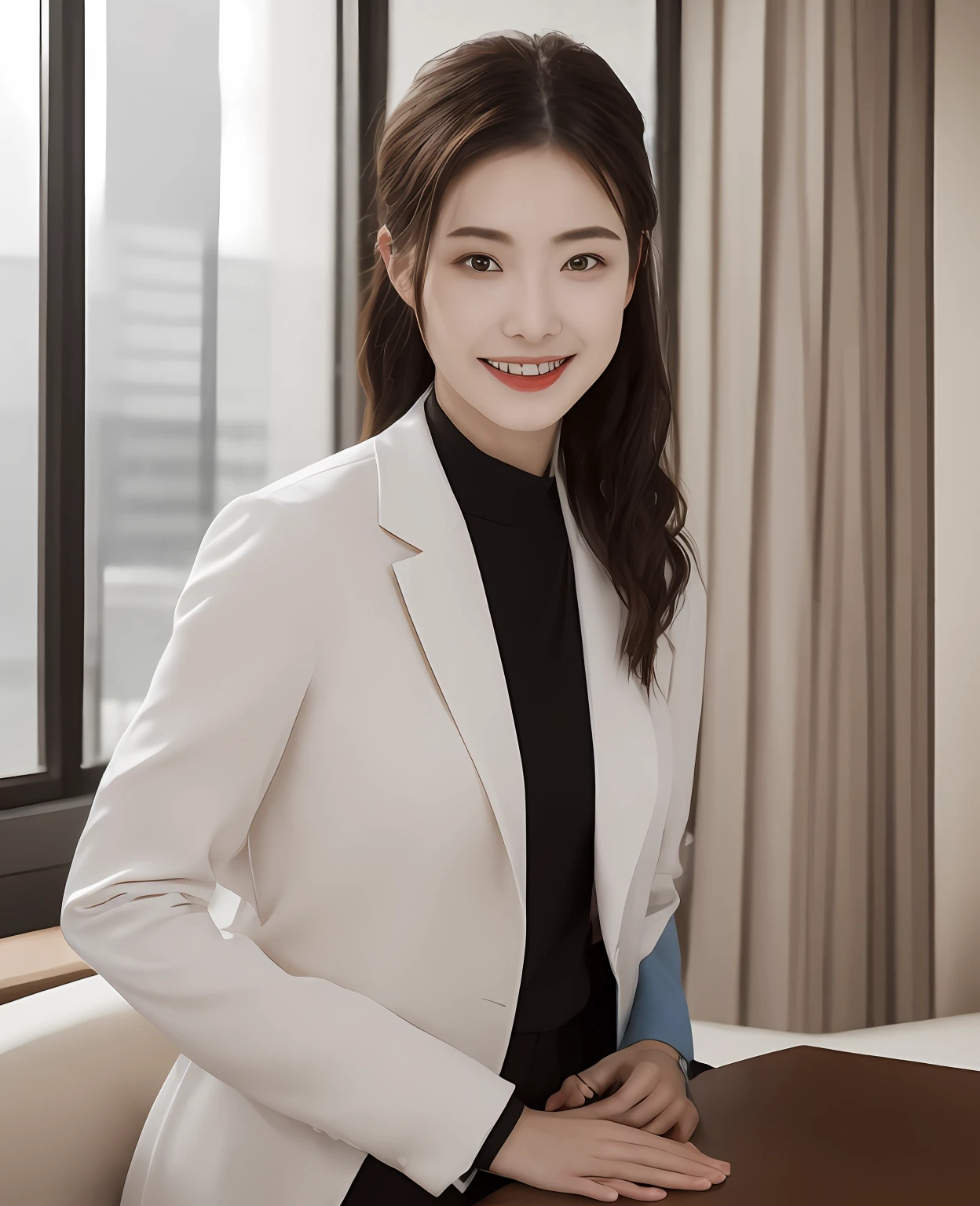 ((best qualtiy,realisticlying,8K HD,tmasterpiece:1.3)),focal:1.5,perfect bodies:1.3,(Short ponytail straight hair,Vertically smooth hair,A detailed:1.3)),((wetclothes:1.1),White high-end brand fashion suit suit:1.3,(detailed outfits:1.3),(delicate stiletto heels crystal band sandals,high high quality:1.2)), Highly Detailed Face and Skin Textur, Fine Eye,二重まぶた,realistic pupil,skin lightening,Beautiful face,Swollen eyes,Healing is a smile,(female focus,Waist focus,close focus,hdr shot,20yr old,Raised breasts,no-bra,the areola is visible,With a petite figure,Slim:1.3,slenderlegs:1.3,beautiful night scene,Luxury office,floor to ceiling window,Long table,Double bed,Cocked buttocks:0.6,Playful and coquettish beautiful pose(full bodyesbian:1.8))