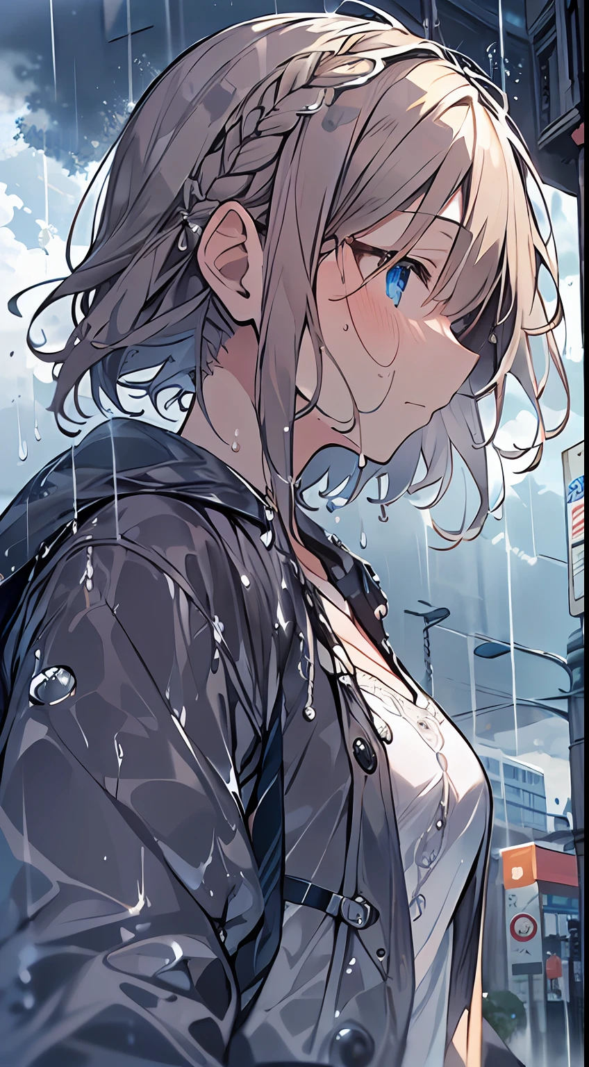 masutepiece, Best Quality,Illustration, Wallpaper, Ultra Detail, absurderes, 1girl in, Solo, (Medium short hair、short braided hair), Beautiful detailed eyes, rainfall、water dripping、wetting hair , Looking to the side, (Street:1.5), Cloudy sky、Bright scenery