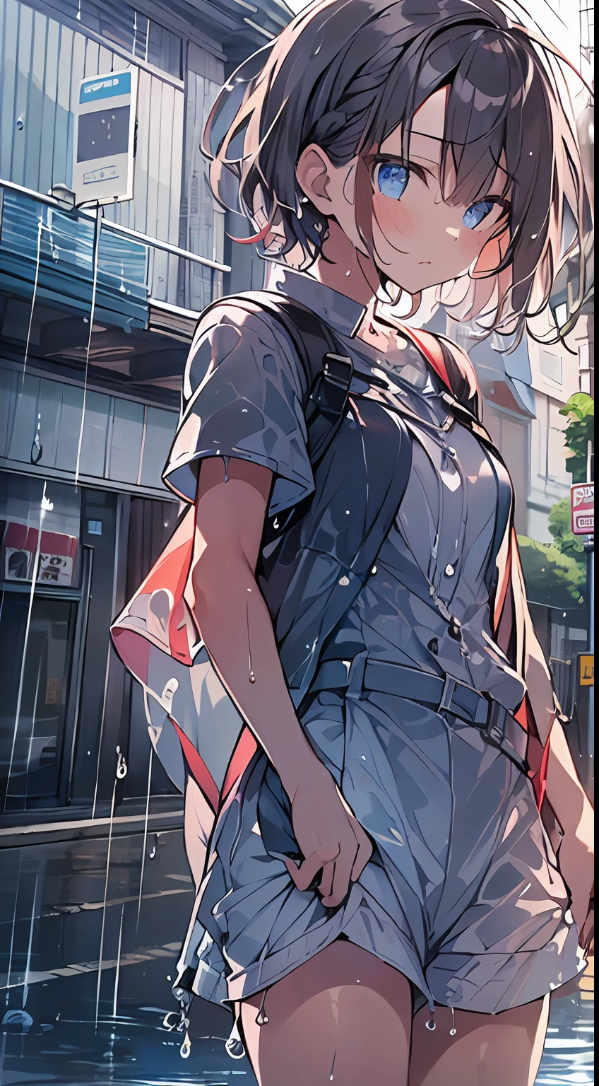 masutepiece, Best Quality,Illustration, Wallpaper, Ultra Detail, absurderes, 1girl in, Solo, (Medium short hair、short braided hair), Beautiful detailed eyes, rainfall、water dripping、wetting hair , Looking to the side, (Street:1.5), Cloudy sky、Bright scenery