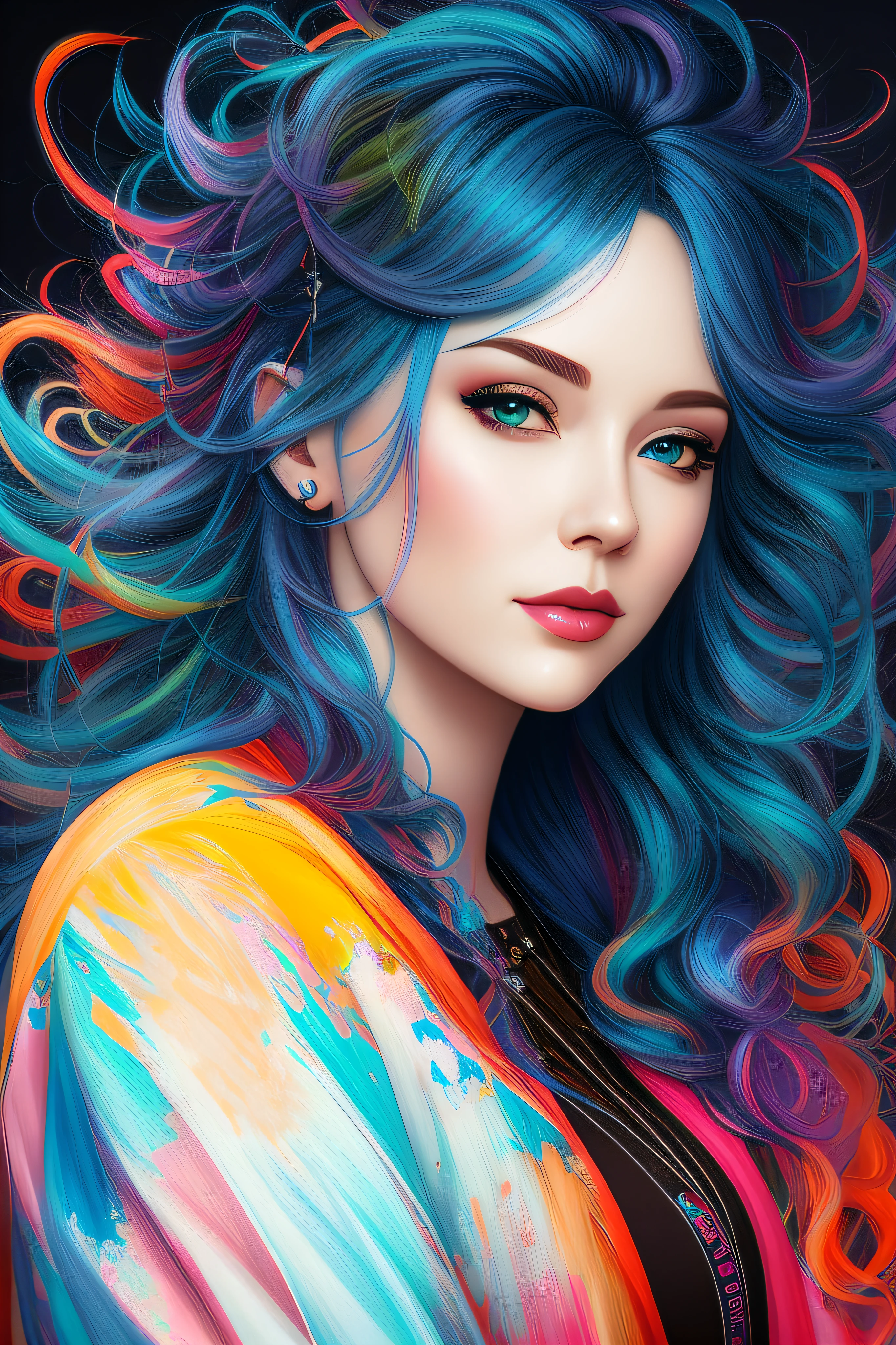A woman with blue hair and colorful hair is posing for a photo, colorful digital painting, vibrant digital painting, Digital painting style, rossdraws pastel vibrant, Realistic digital art 4K, Realistic digital art 4 K, stunning art style, gorgeous digital art, digital painting art, Gorgeous digital painting, beautiful digital art, unearthly art style, Detailed painting 4 K