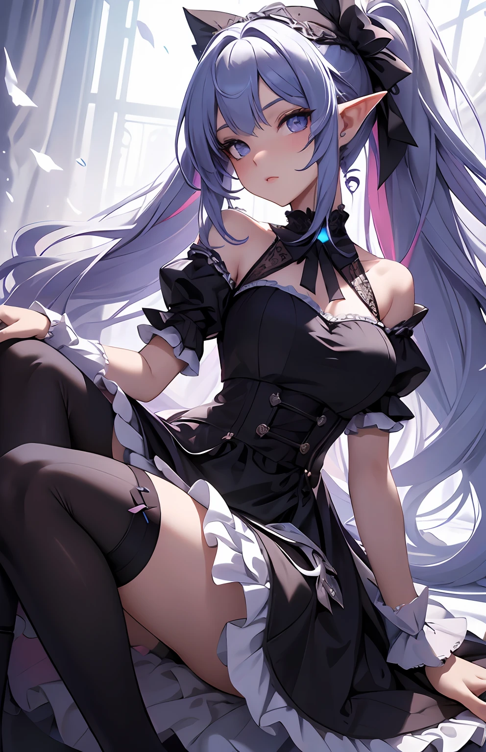 best qualityer,tmasterpiece,Ultimate resolution,downy,Extremely colorful,Colorful,Elven girl,full bodyesbian,Black and white double ponytail,ta long dress, White stockings Long legs,Muffin shoes,closeup of face