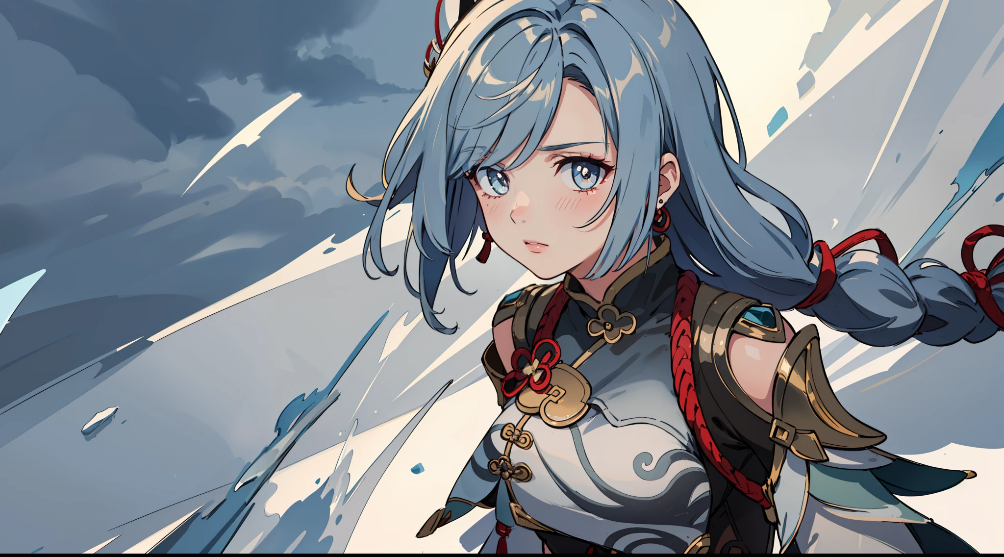 shenhedef, upper body, seductive look, blush, outdoors, snowflake scenery, looking at viewer, cloudy, moody lighting, (perfect detail eyes:1.2), glowing eyes, (long hair one braid:1.2), elemental skill effect, (Masterpiece, Best Quality, High Quality:1.4), professional artwork, Intricate Details, field of view, sharp focus, detailed painting, photorealistic lighting, trending on pixiv, (vivid lighting, vibrant colors:1.05), realistic shadows, ambient occlusion, (athletic body:1.3), mature woman, 30yo,