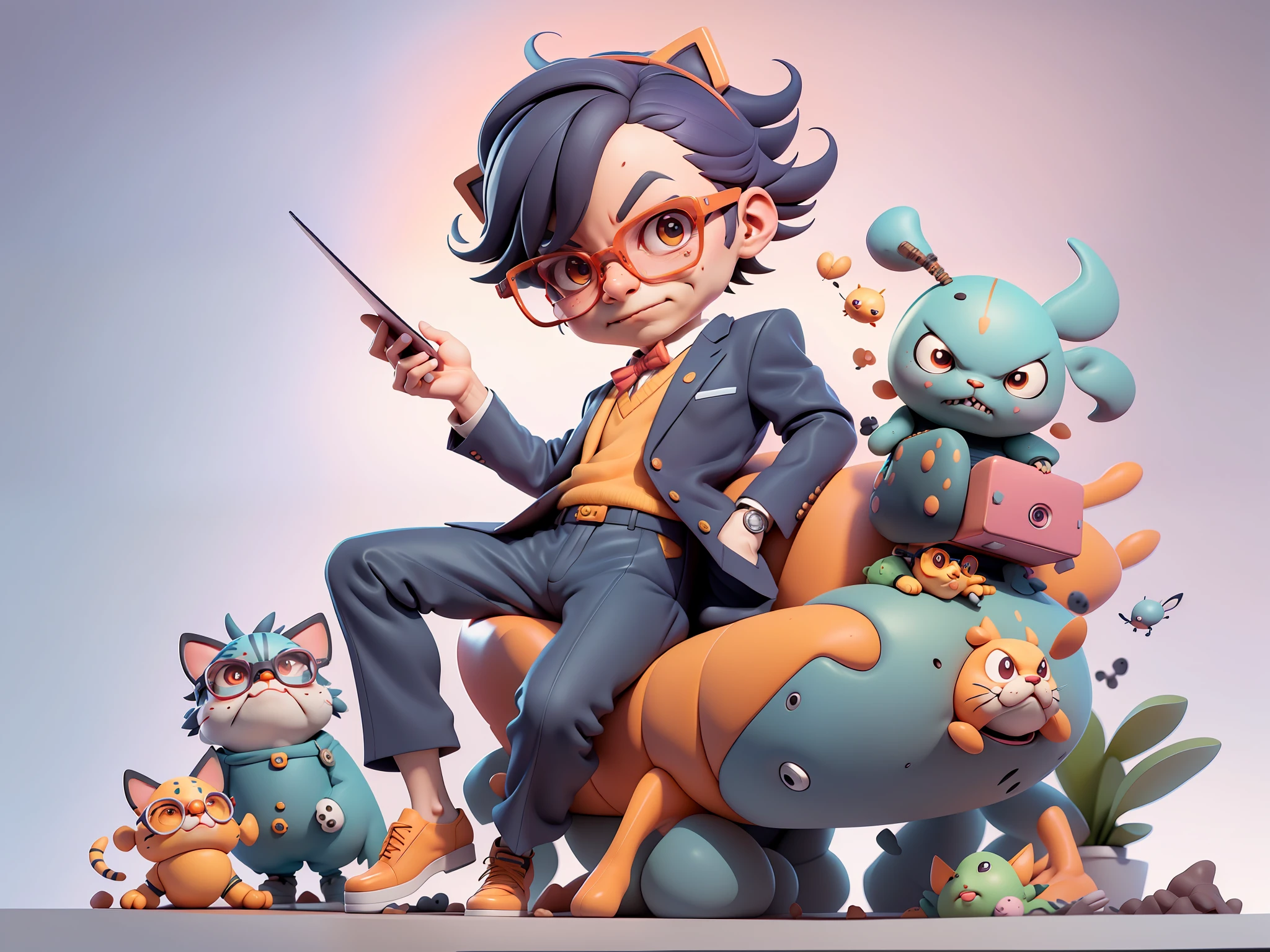 A young man in a suit and pants，Short hair and glasses，Sitting at your desk，holding laptop，digitial painting，cartoonish style，4K HD illustration，Very detailed facial features，tigre，Mark Clairdon，by Pixar，3D character design：Hayao Miyazaki and Akira Toriyama, Cartoon-style visuals。