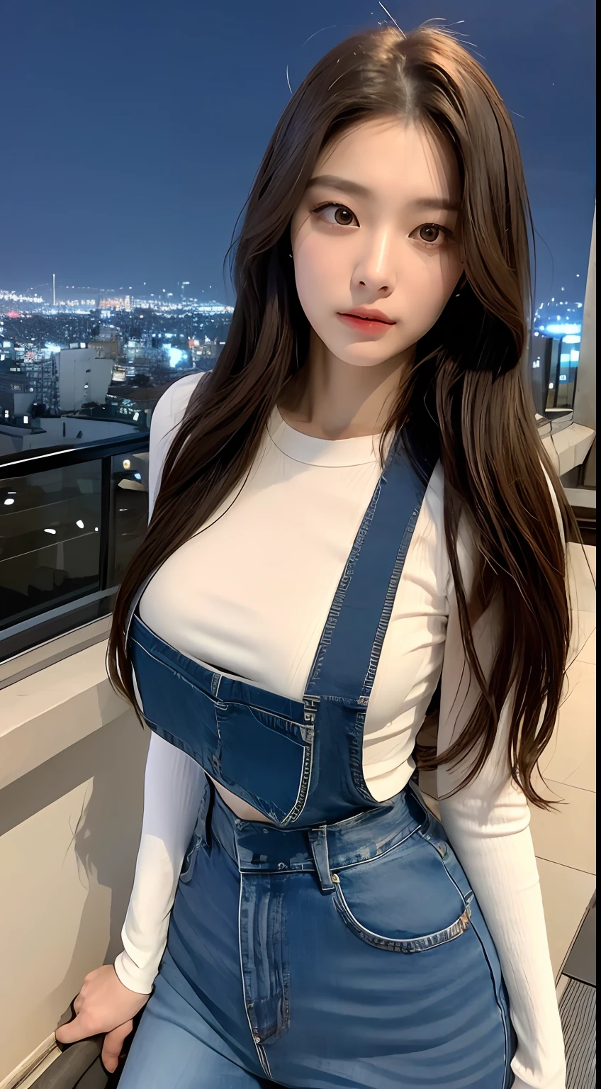 ((Midnight, Best quality, 8k, Masterpiece :1.3)), Whole body, Long legs, Sharp focus :1.2, A pretty woman with perfect figure :1.4, Slender abs :1.1, ((Dark brown hair, Big breasts :1.2)), (White tight tshirt, Jean bib, Standing:1.2), ((Night city view, Rooftop:1.3)), Highly detailed face and skin texture, Detailed eyes, Double eyelid
