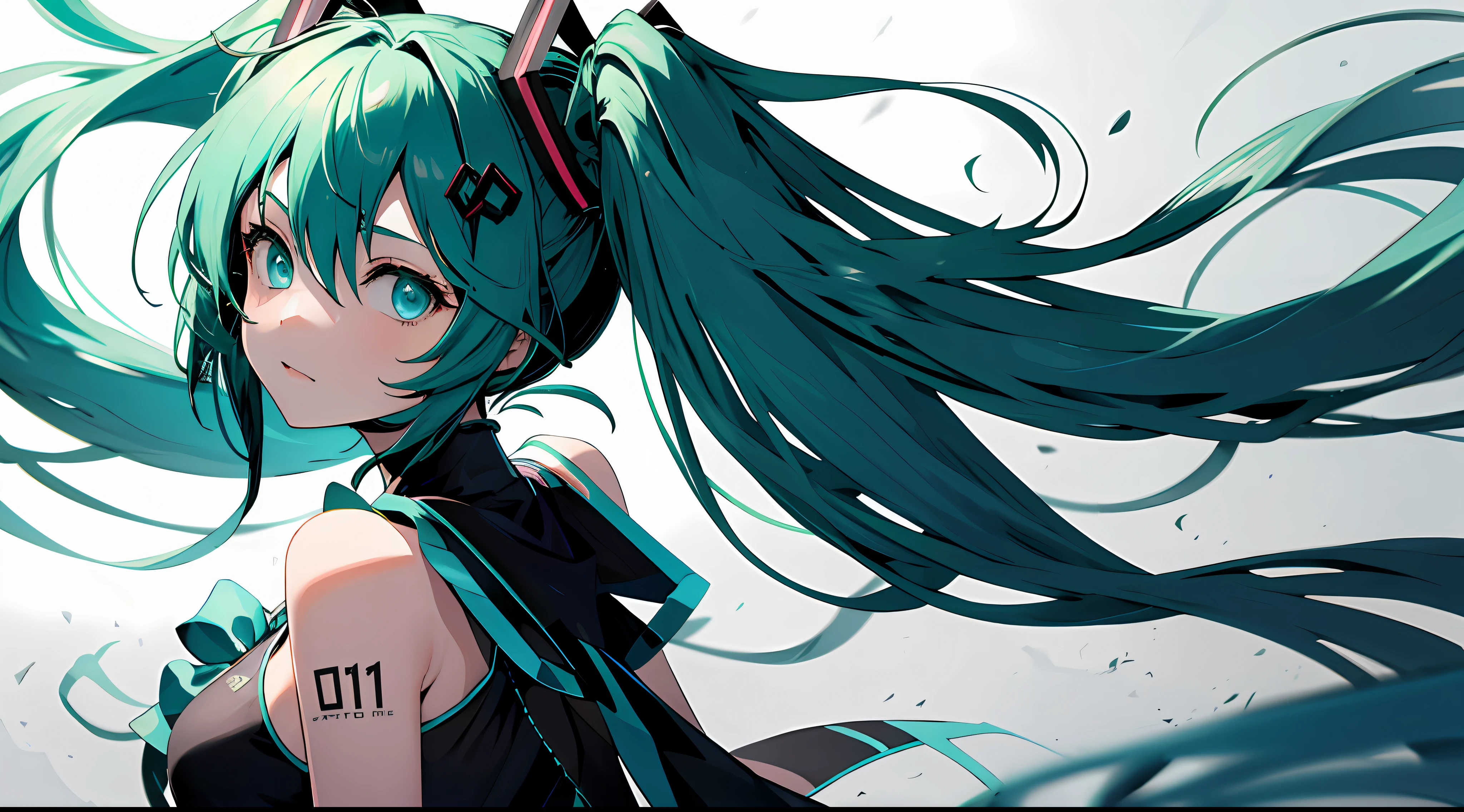 1girl in, Upper body, light green hair, miku hatsune,posterior view,Dark look