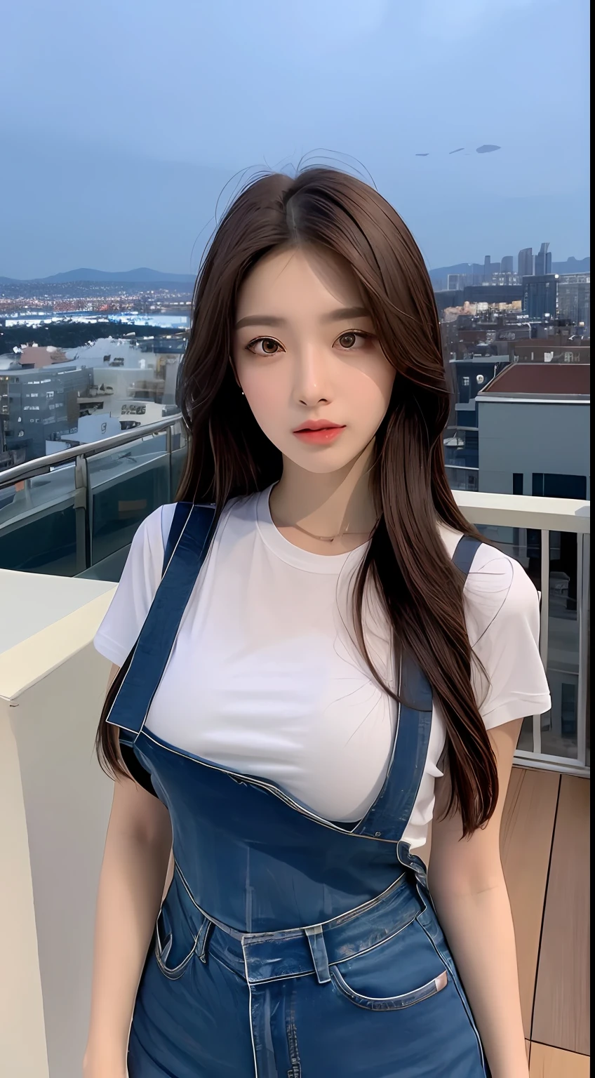 ((Midnight, Best quality, 8k, Masterpiece :1.3)), Whole body, Long legs, Sharp focus :1.2, A pretty woman with perfect figure :1.4, Slender abs :1.1, ((Dark brown hair, :1.2)), (White tight tshirt, Jean bib, Standing:1.2), ((Night city view, Rooftop:1.3)), Highly detailed face and skin texture, Detailed eyes, Double eyelid