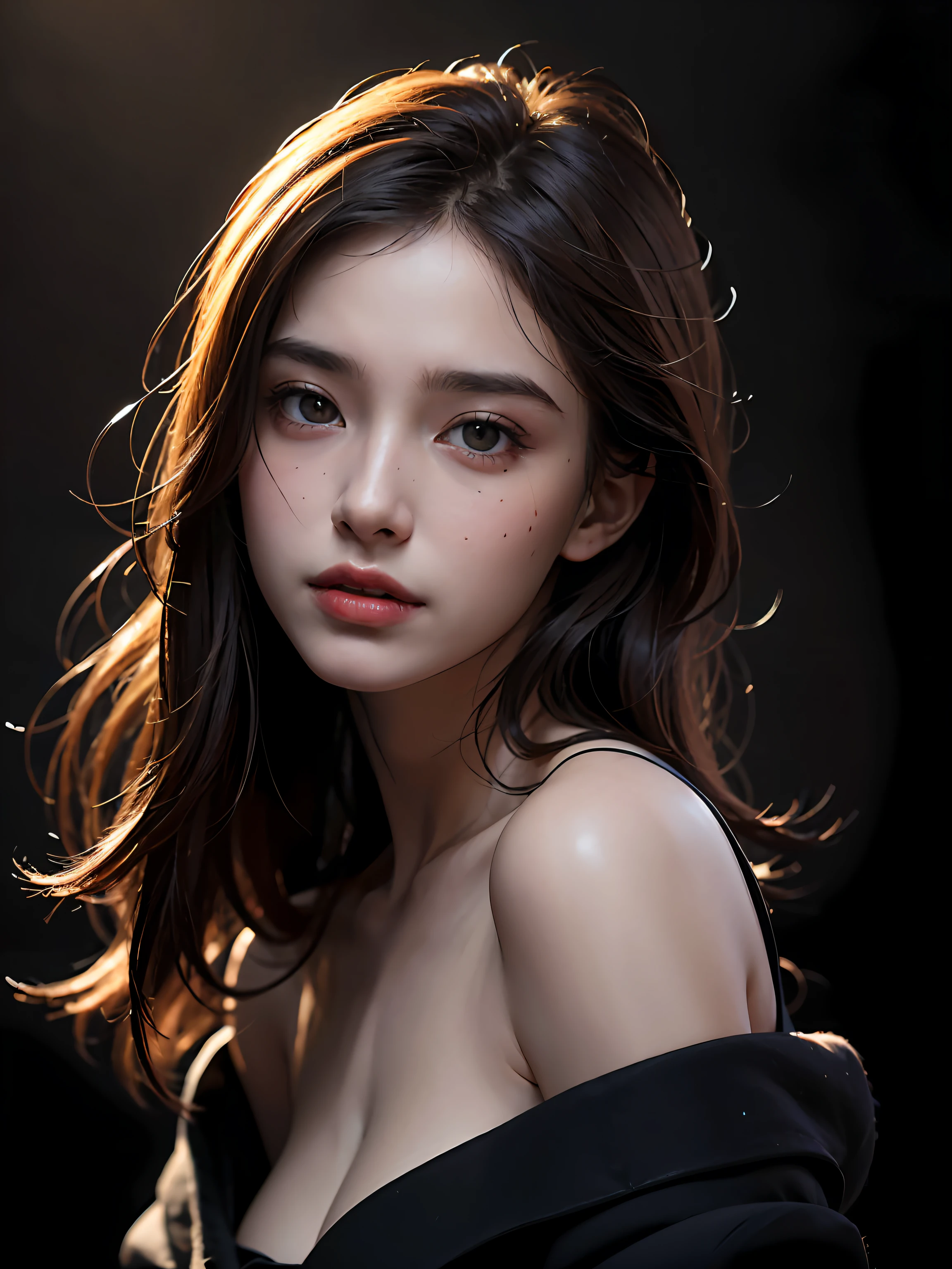 Best quality, masterpiece, ultra high res, (photorealistic:1.4), raw photo, 1girl, offshoulder, in the dark, deep shadow, low key, cold light