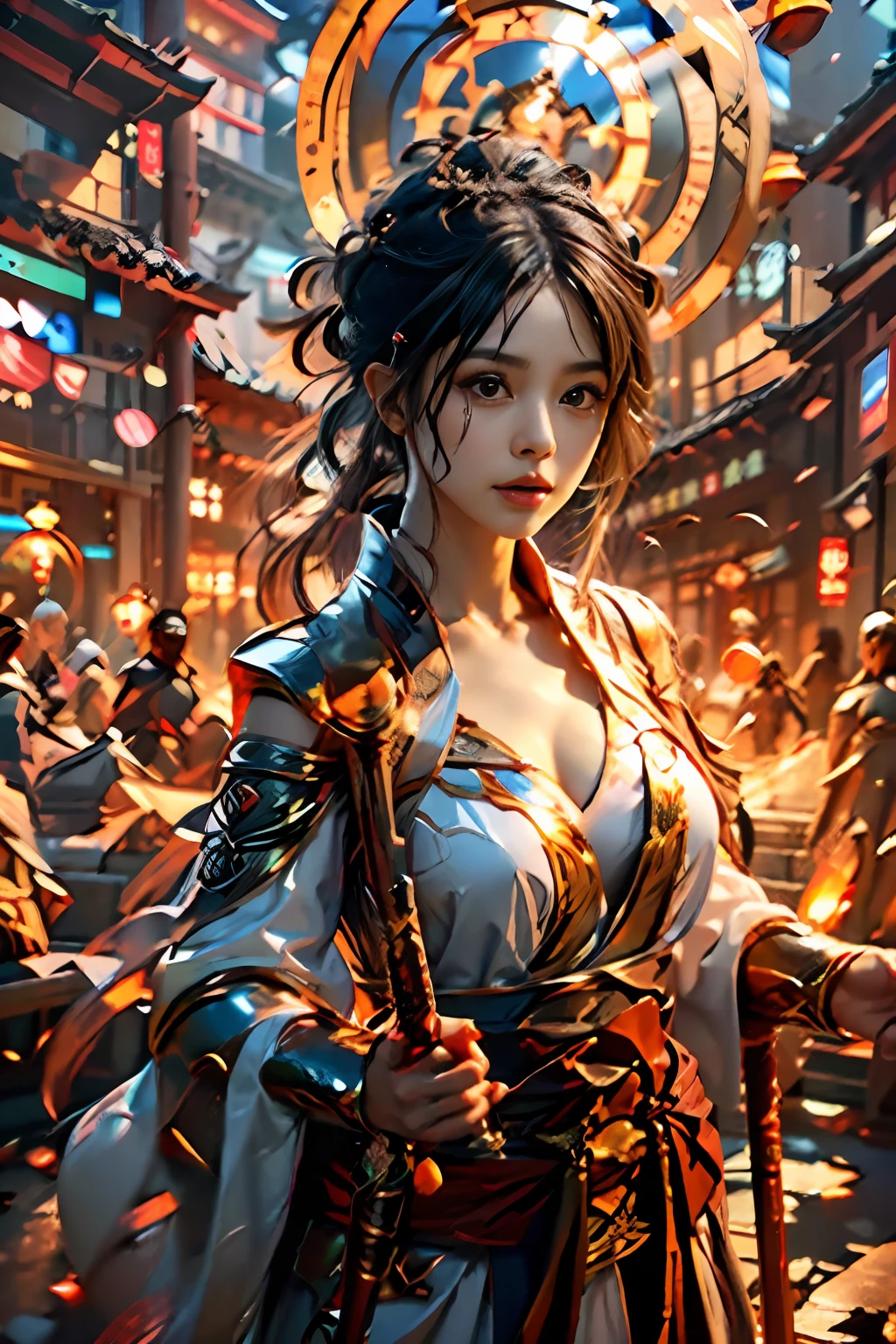 Best quality,masterpiece,ultra high res,(photorealistic:1.4),xiuxian,weapon,Detailed face,
1girl,solo,weapon,cleavage,(magic circle:1.2),xiuxian,upper body,Beautiful girl,big breasts body,east asian architecture,sheath,architecture,
