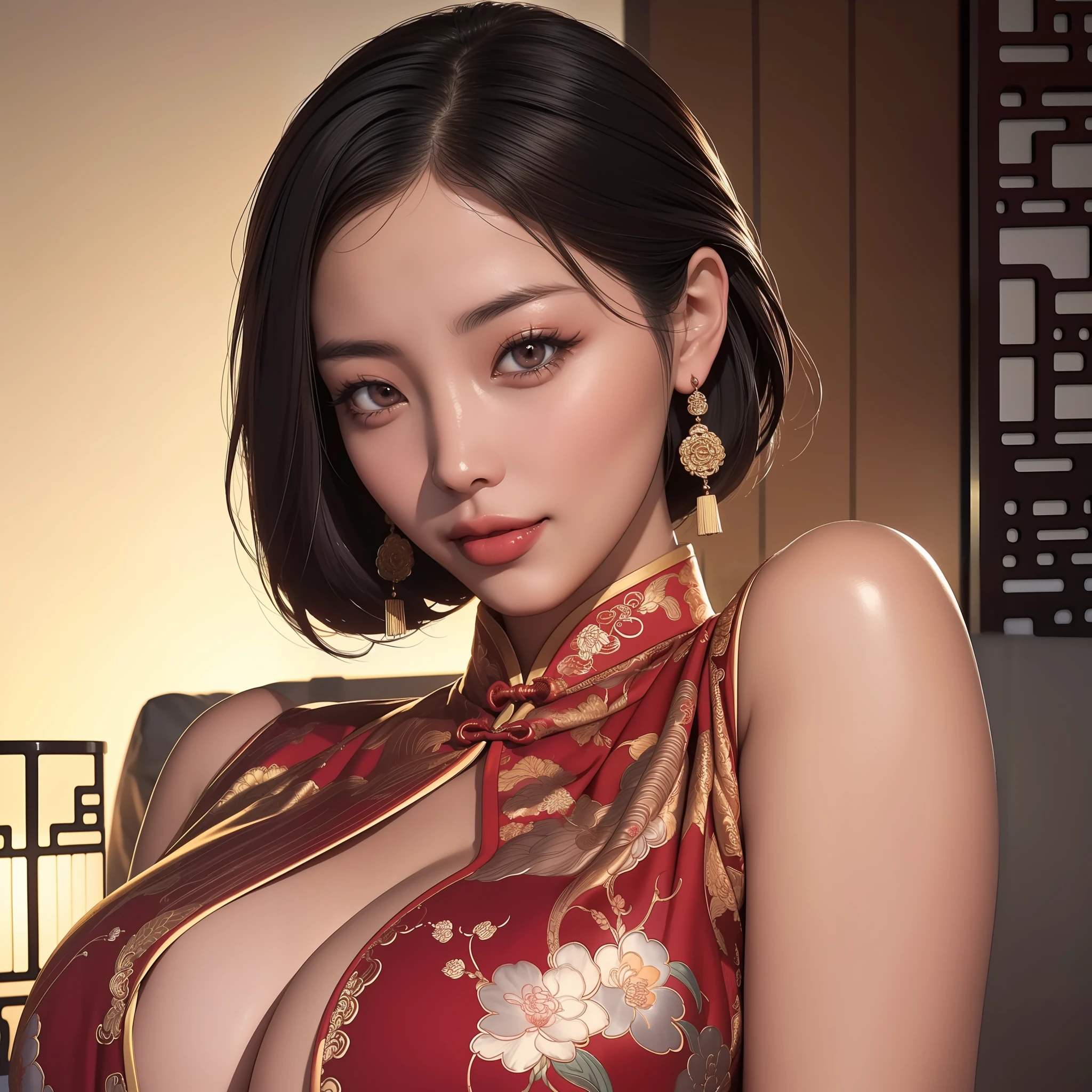 a  Chinese woman wearing a cheongsam, (((Masterpiece))), ((Best quality)), ((intricately details)), ((Hyperrealistic)), absurd res, A MILF, Mature woman, Perspective, Highly detailed, illustration, 1girll, ((Large breasts)), Perfect hands, Detailed fingers, Beautiful detailed eyes, updo hair, Brown eyes, ( Sexy Chinese dress:1.2), Earrings, Detailed background, Perfect eyes, Seductive eyes, looking at viewert, from the front side，Open-mouthed，saliva，white teeth，Stick out her tongue