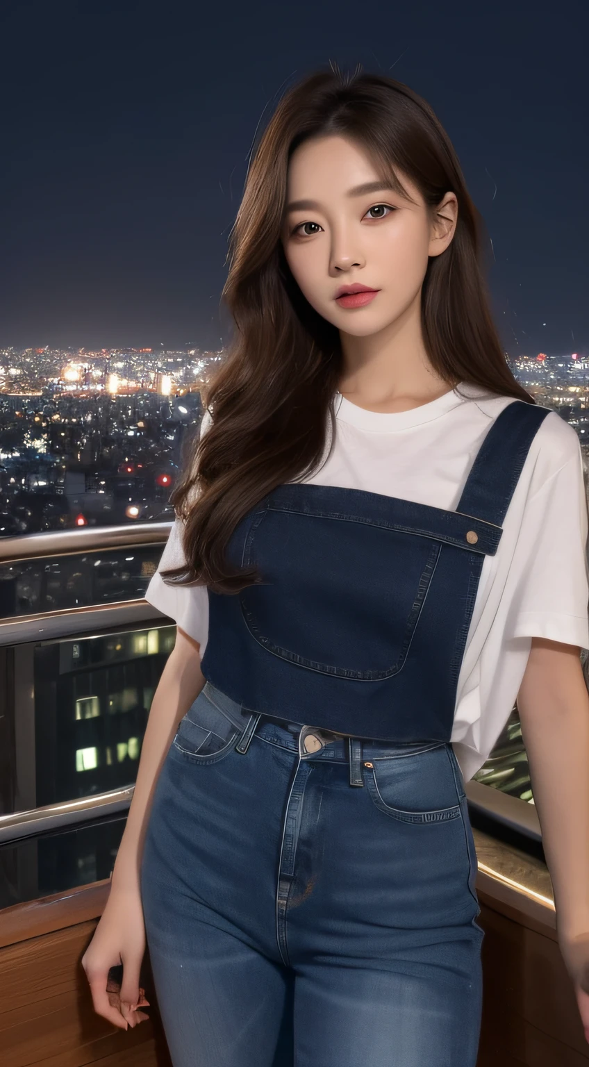 A woman standing on a balcony，and the background is an urban landscape, korean women's fashion model, wearing blue jean overalls, overalls, Blue overalls, Wearing overalls, Korean girl, photo of slim girl model, ultra high quality model, Gorgeous young Korean woman, beautiful Korean women, casual clothing style, Attractive girl, Korean woman, Beautiful young Korean woman