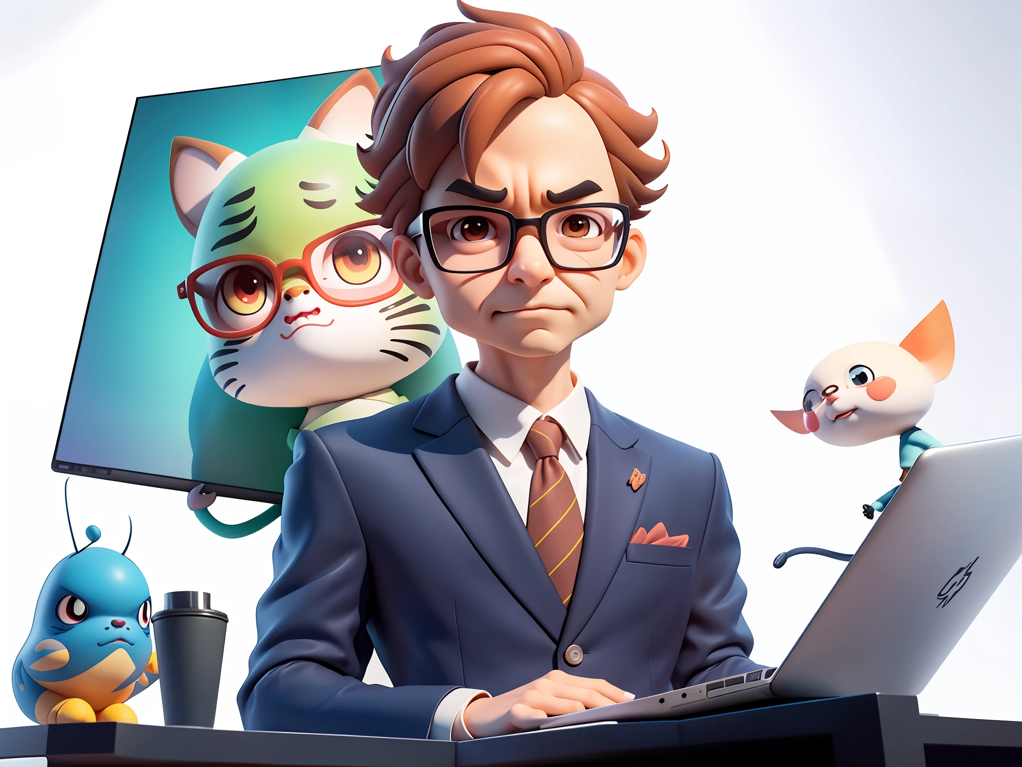 A young man in a suit and pants，Short hair and glasses，Sitting at your desk，holding laptop，digitial painting，cartoonish style，4K HD illustration，Very detailed facial features，tigre，Mark Clairdon，by Pixar，3D character design：Hayao Miyazaki and Akira Toriyama, Cartoon-style visuals。