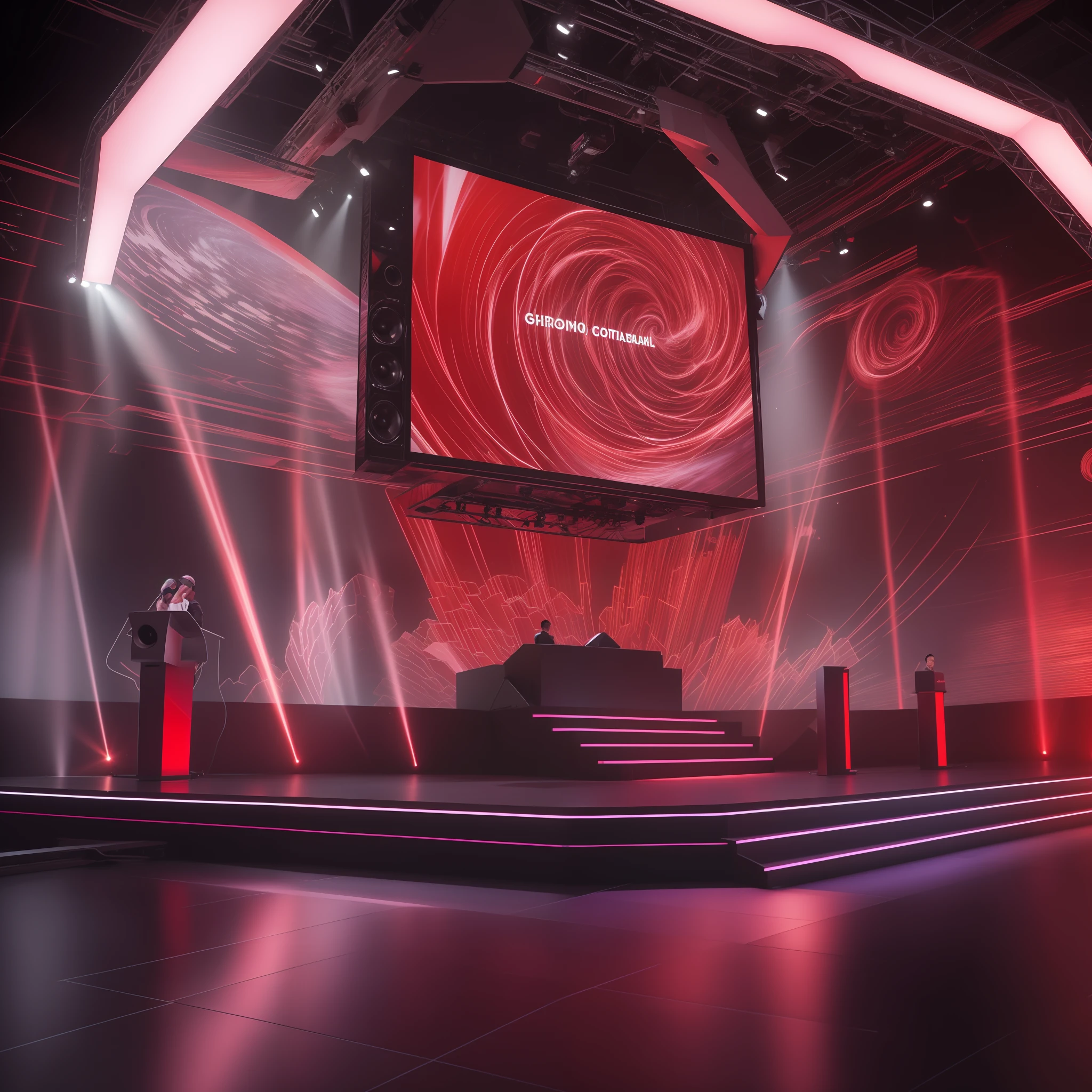 Arafeld image of a stage with a podium and a podium with speakers, corporate holograms, photo from 2022, 2022, 2 0 2 2, award winning cgi, octa 8k, an award winning masterpiece, giant red led screens, Capture the, CG Awards Gallery, Epic wins,Real-world lighting,Best quality at best,8K分辨率,
