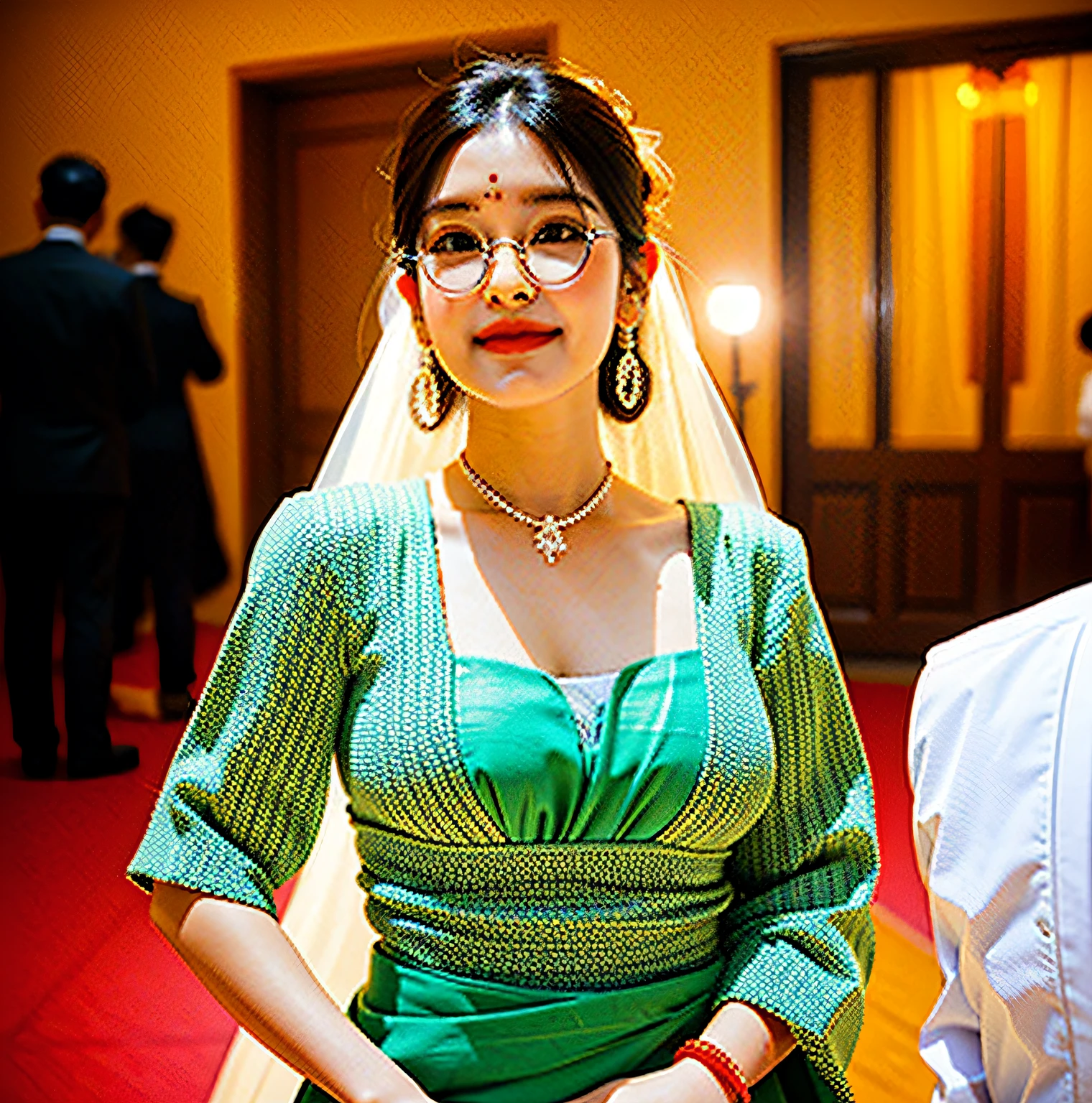 "wearing traditional Indian saree in a wedding ceremony, remove background, sporting glasses, realistic facial features, ultra-high resolution real image"