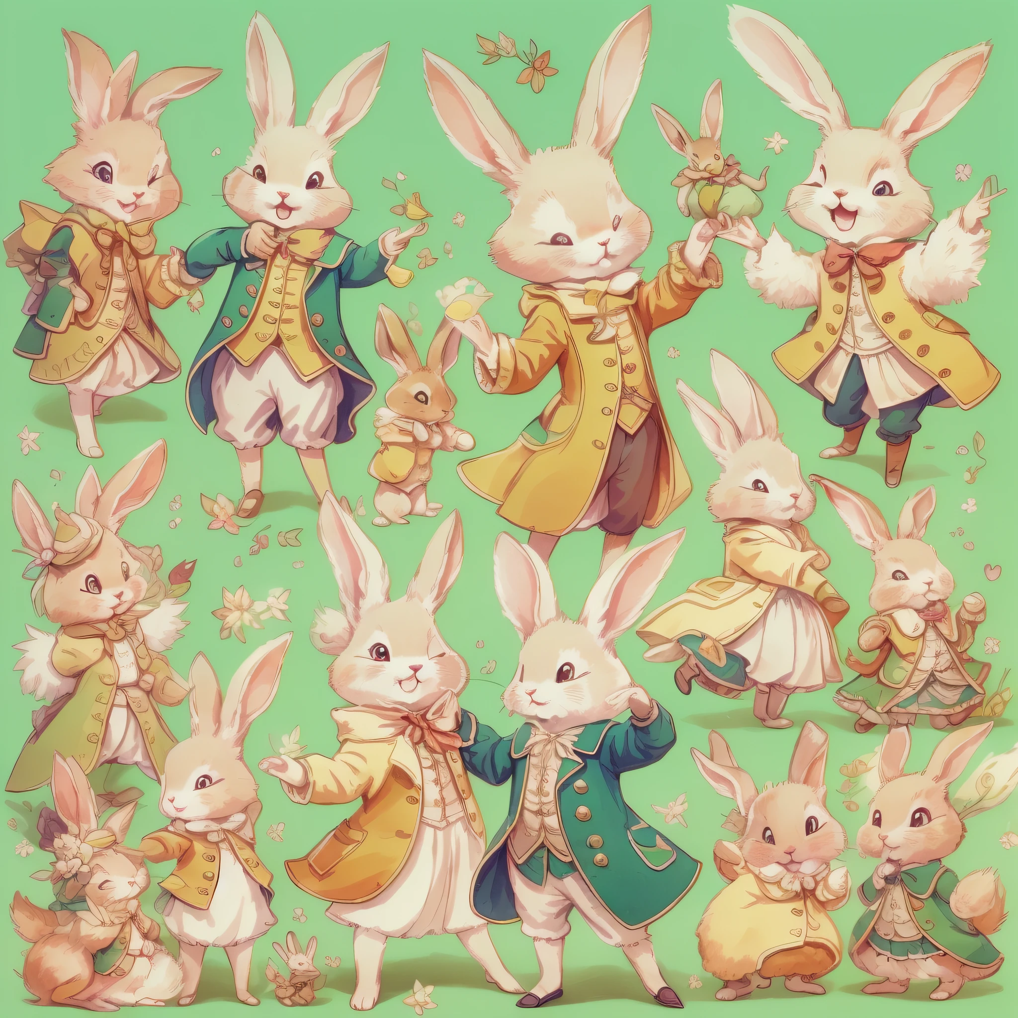 An ultra-high picture quality、Super delicate、Character design drawings、Full body like、Multiple dance poses、Multiple facial expressions、Anthropomorphic cute rabbit、Cute characters from fairy tales、Cute rabbit in coat、18th century French clothing、Colorful colors、