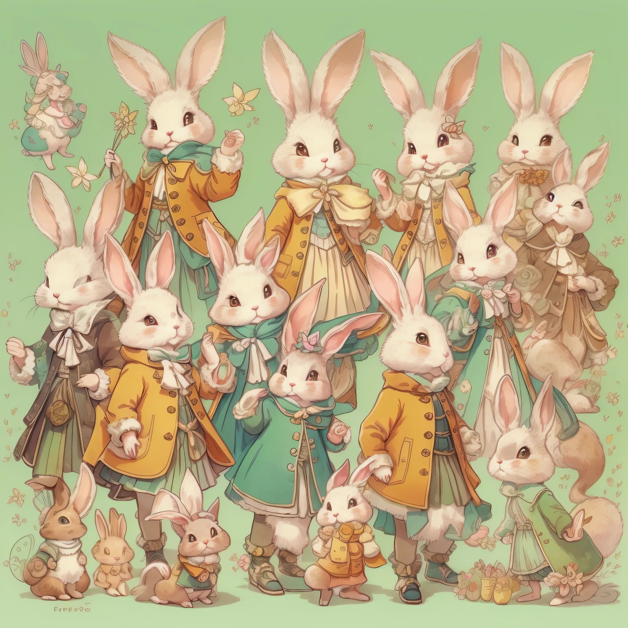 An ultra-high picture quality、Super delicate、Character design drawings、Full body like、Multiple Pose、Multiple facial expressions、Anthropomorphic cute rabbit、Cute characters from fairy tales、Cute rabbit in coat、18th century French clothing、Colorful colors、
