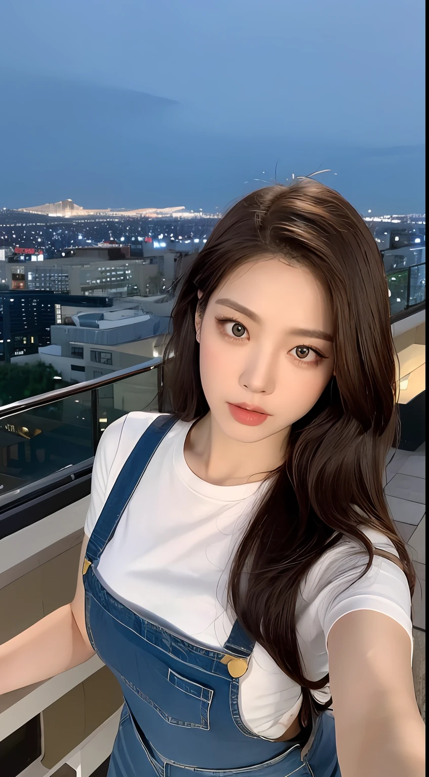 ((Midnight, Best quality, 8k, Masterpiece :1.3)), Whole body, Long legs, Sharp focus :1.2, A pretty woman with perfect figure :1.4, Slender abs :1.1, ((Dark brown hair, Big breasts :1.2)), (White tight tshirt, Jean bib, Standing:1.2), ((Night city view, Rooftop:1.3)), Highly detailed face and skin texture, Detailed eyes, Double eyelid