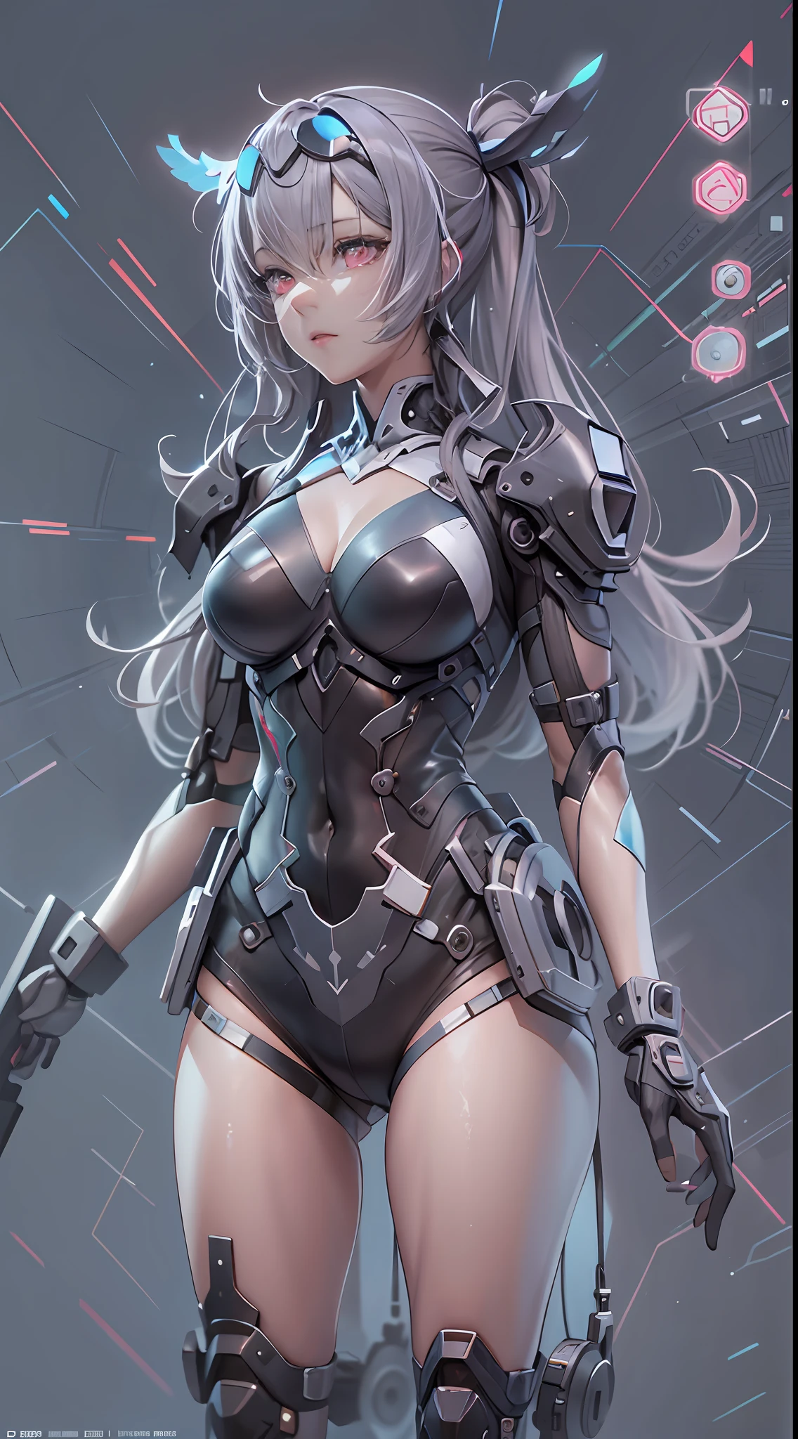 (8K、RAW photography、top-quality:1.4、A high resolution:1.4、tmasterpiece:1.4)、(hyper realisitc:1.4)、1girll、hentail realism、The ultra-detailliert,closeup cleavage、Floating hair、Soft light、full bodyesbian、85mmレンズ、f/1.4、profesional lighting、Luminous Particle:0.8、Transparency、one-girl、Curly high ponytail girl,Gray hair,cyber punk style,afofuturism,holographic projections,neonlight,Mechanical heart,Mechanical wings,Technological buildings in the distance,tmasterpiece,A high resolution,8K,Very graphic impact,The brush is clear,Full of detail,Vivid eyes,Delicate face
