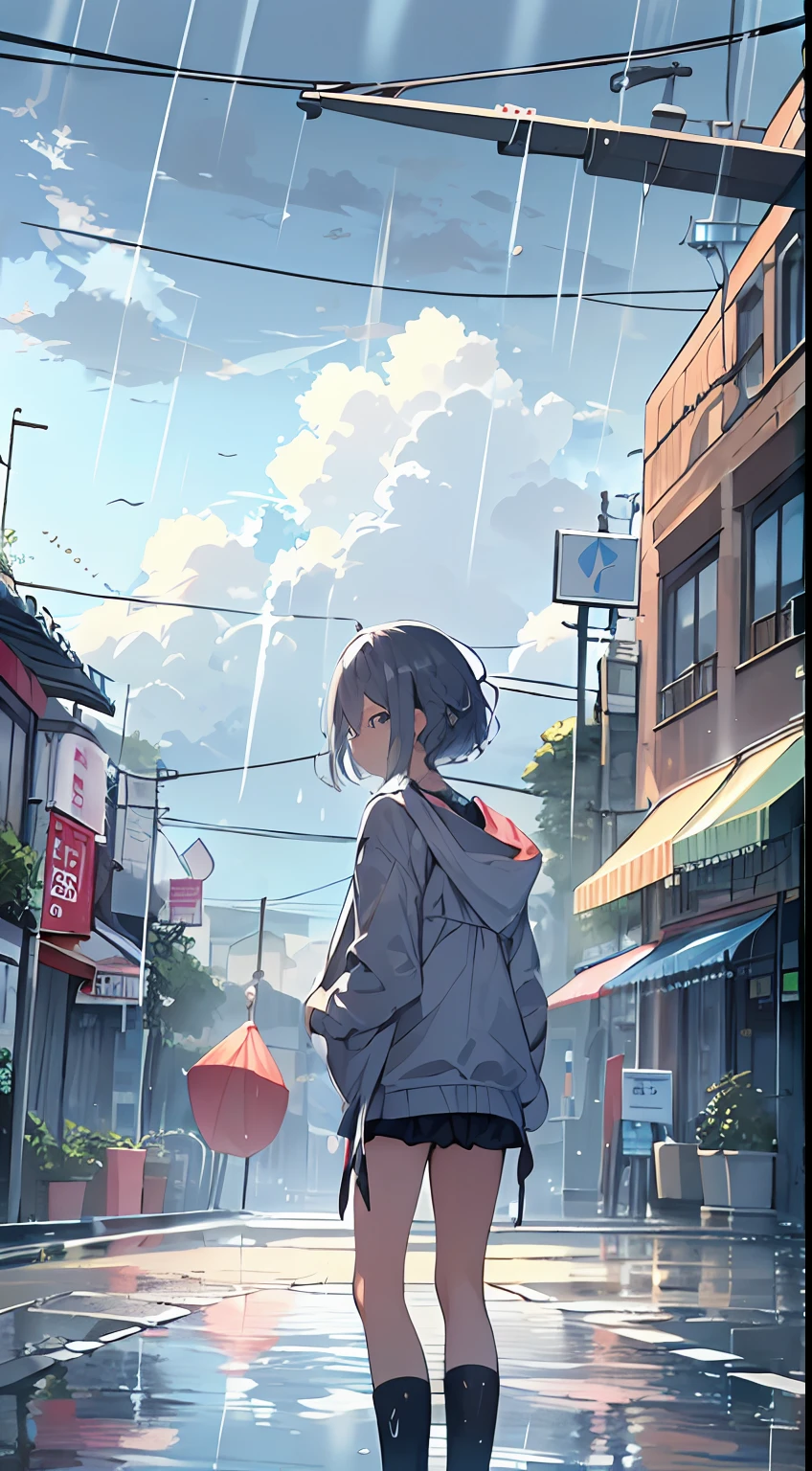 masutepiece, Best Quality,Illustration, Wallpaper, Ultra Detail, absurderes, 1girl in, Solo, (Medium short hair、short braided hair), Beautiful detailed eyes, rainfall、water dripping、wetting hair , Looking to the side, (Street:1.5), Cloudy sky、Bright scenery
