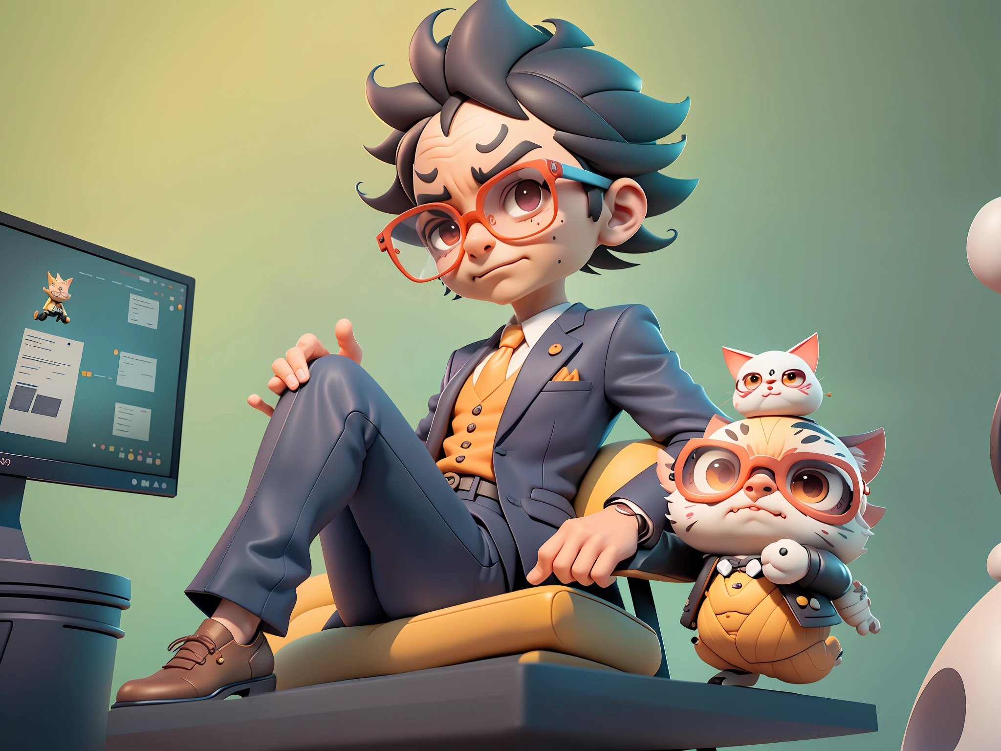 A young man in a suit and pants，Short hair and glasses，Sitting at your desk，holding laptop，digitial painting，cartoonish style，4K HD illustration，Very detailed facial features，tigre，Mark Clairdon，by Pixar，3D character design：Hayao Miyazaki and Akira Toriyama, Cartoon-style visuals。