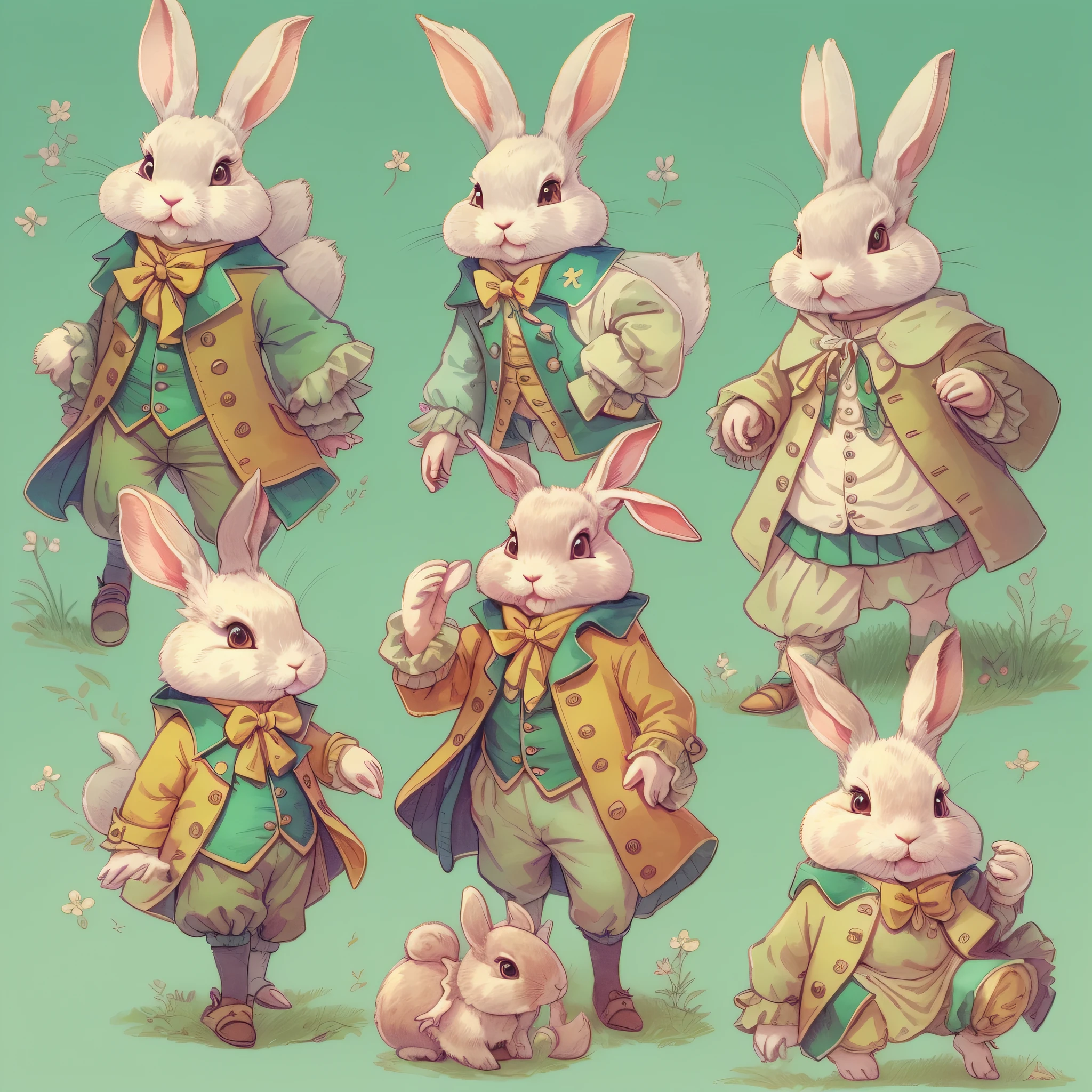 An ultra-high picture quality、Super delicate、Character design drawings、Full body like、Multiple Pose、Multiple facial expressions、((Anthropomorphic cute rabbit))、Cute characters from fairy tales、Cute rabbit in coat、18th century French clothing、Colorful colors、