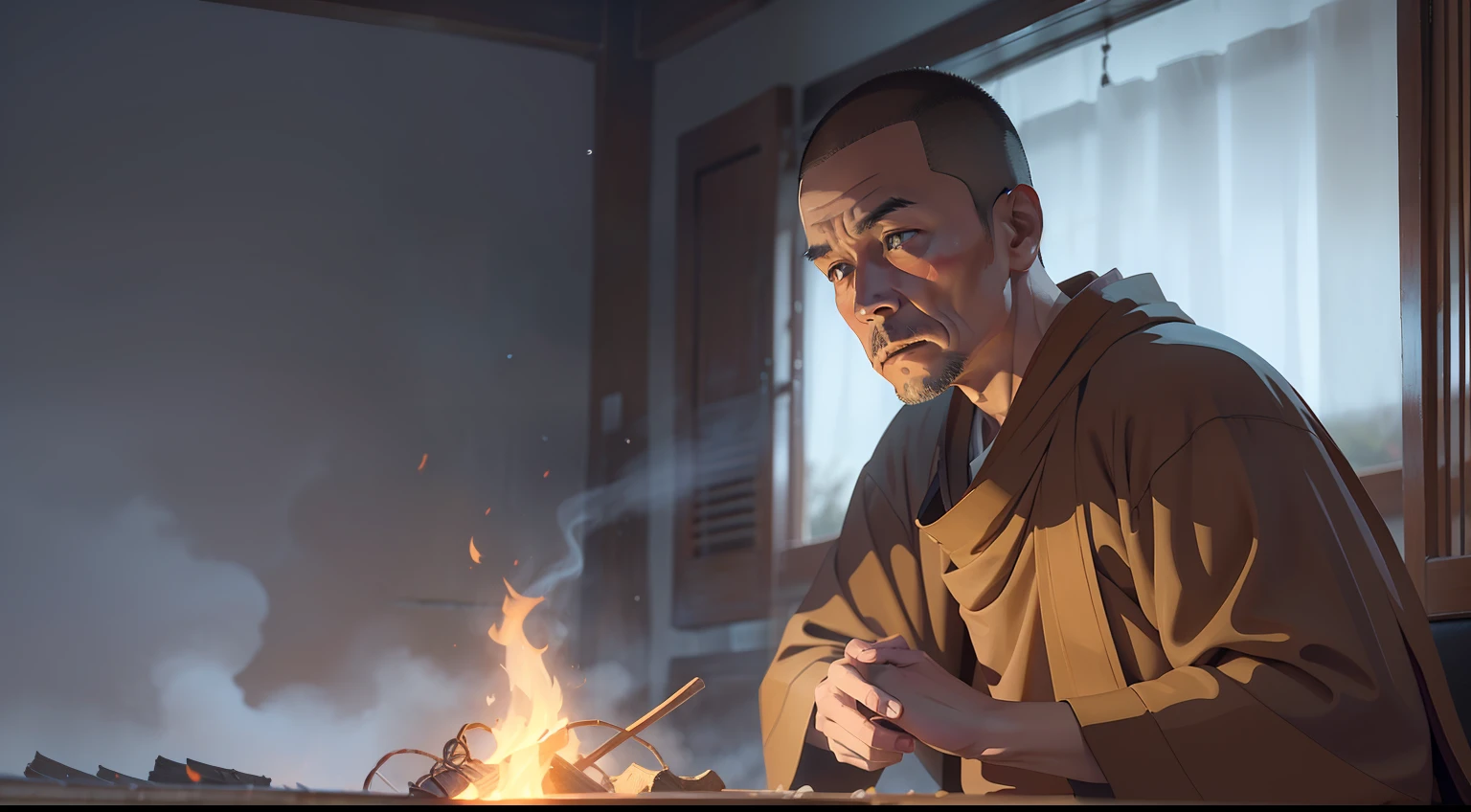 The son replied that there was no one,The monk mysteriously told him not to start a fire tomorrow,Observe if the roof is still smoking,And tell him that he can only see ghosts in the middle of the night。