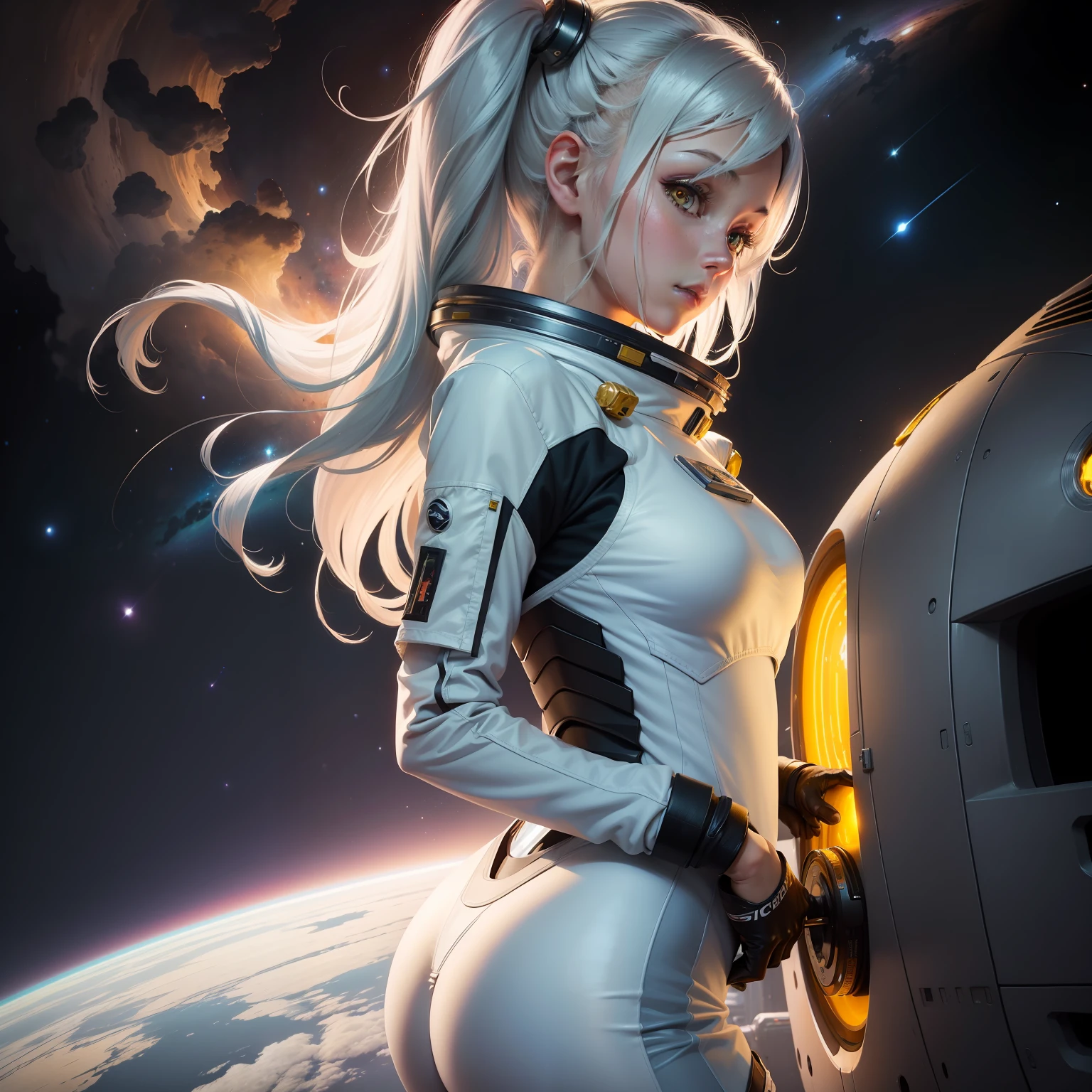 Masterpiece, Best quality, 1girll, (space), Spacecraft, (Spacesuit), Upper body, From the side Side, Science fiction, Yellow eyes, double tails, Silver hair,