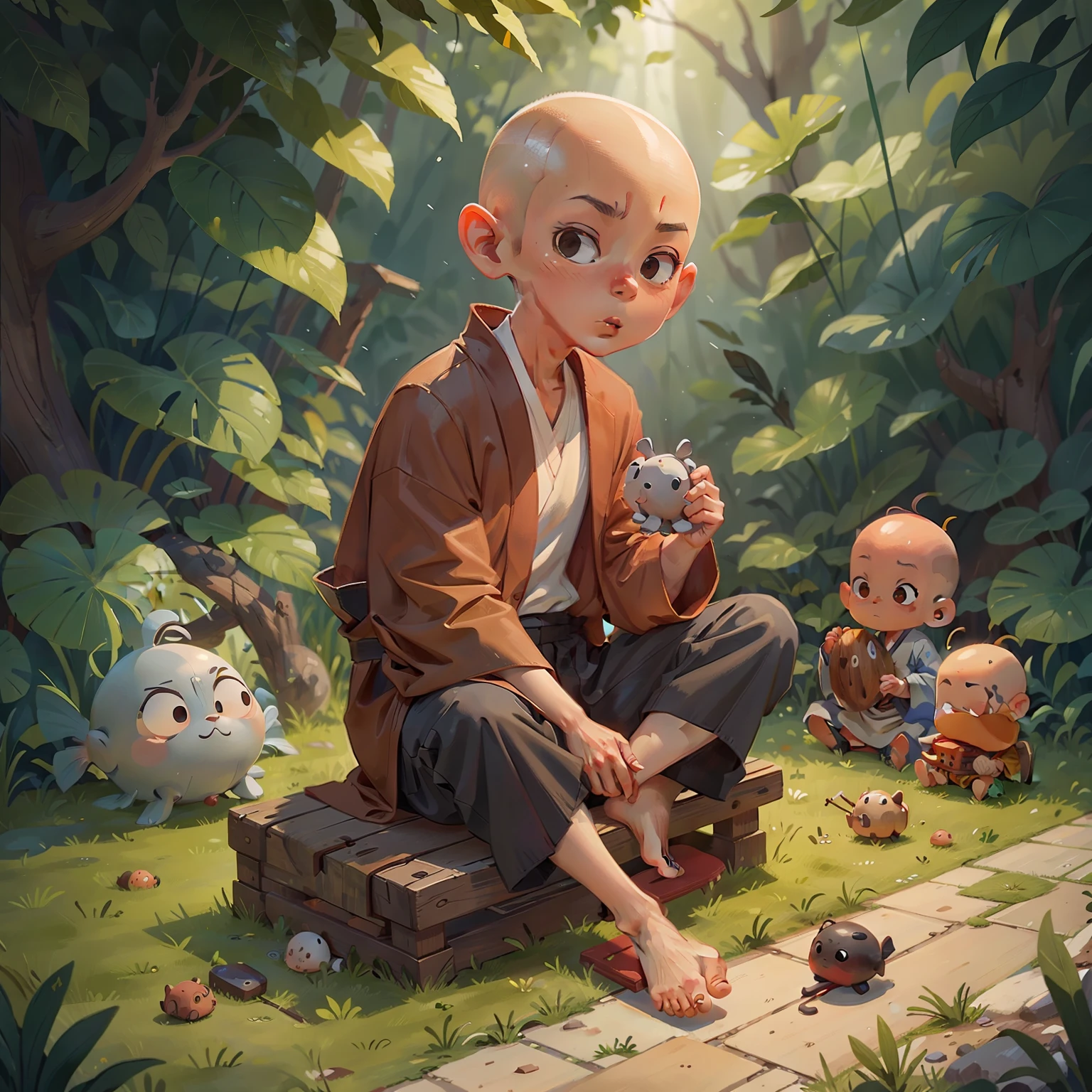 A small monk，bald-headed，Sit cross-legged on the ground，Knock the wooden fish in your hand，Chanting，Wearing a Chinese gray robe，Turn sideways to the camera