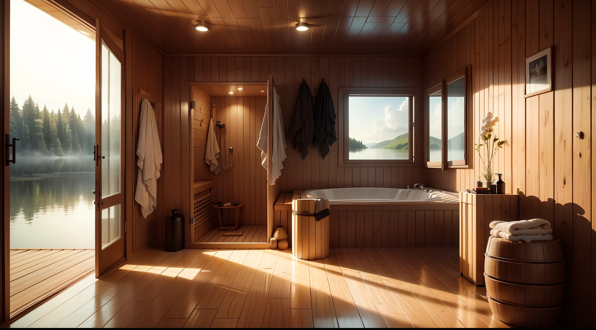 Sauna plus shower room,Skysky,inside in room,high end,delicated,the detail,Photographic works,Hyper-realistic,Floor glass,See the landscape from the exterior,lake,Hazy,dream magical