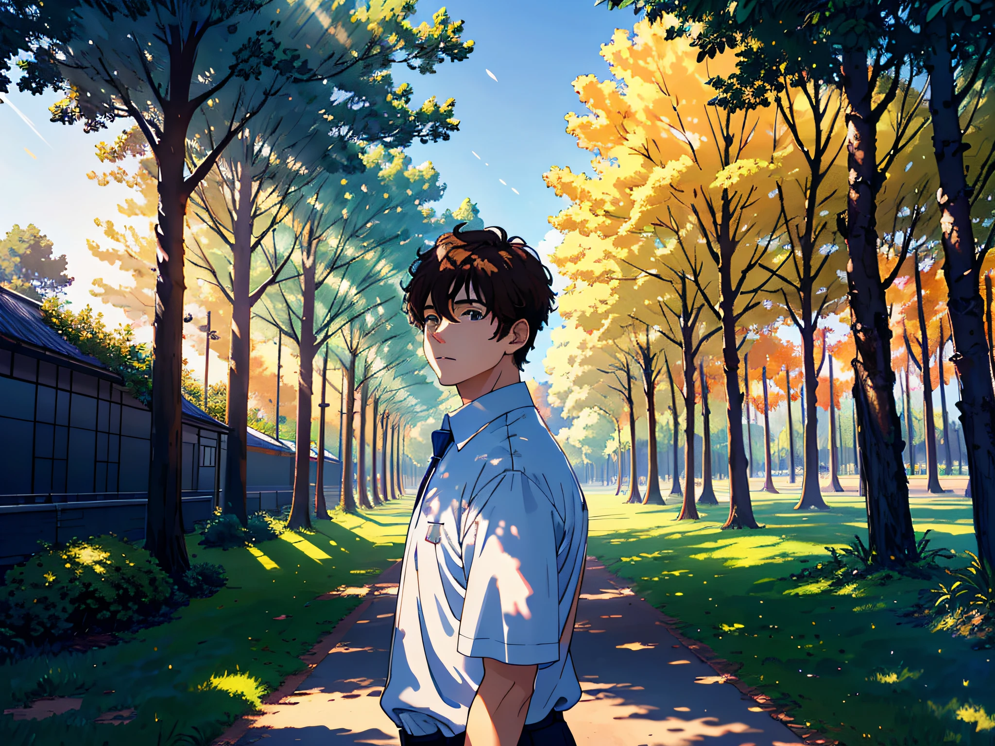 grand master，tmasterpiece，8k wallpaper，CG，super high image quality，light and shadow effect，
（A boy with short brown hair stands on campus in a white shirt：1.9）
blue-sky，baiyun，rays of sunshine，pupils，school ground，big trees
（- Bust photo display：1.5）