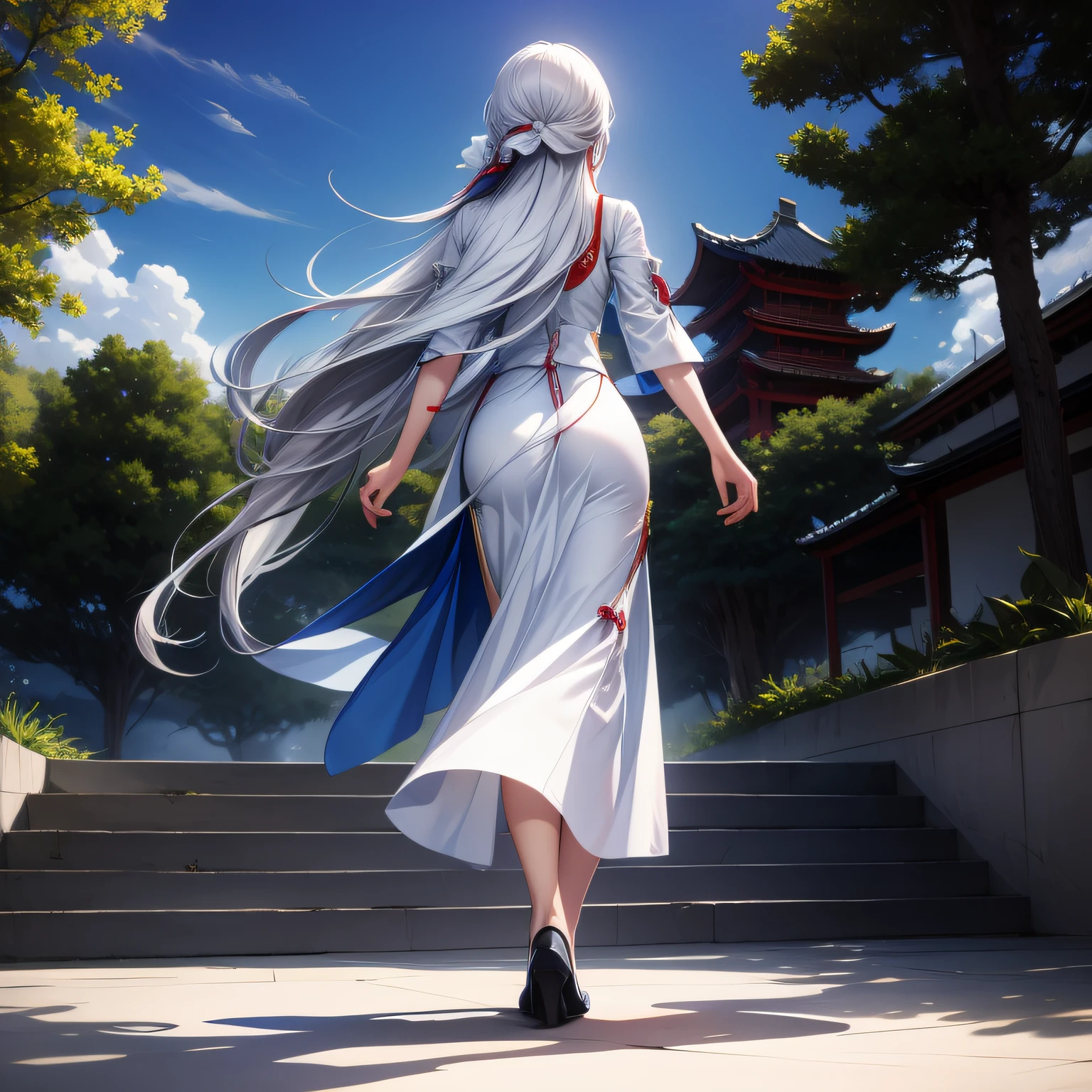 Long hair in white color,slimfigure,wearing cheongsam,Walk with your back to the distance。
