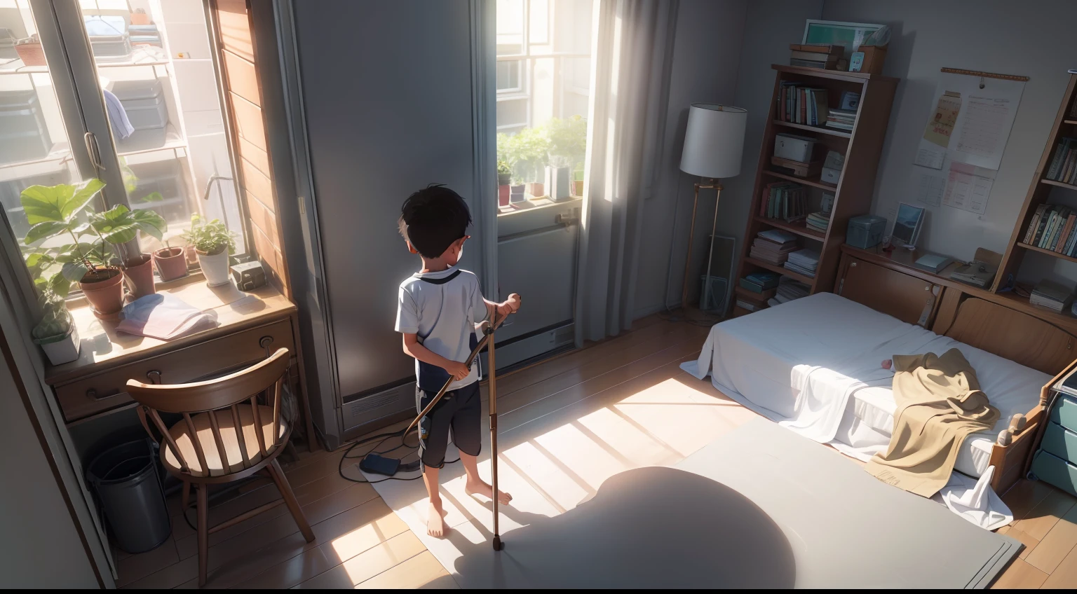 The little boy was busy cleaning the room,Make your bed,Place items that your father likes,A tidy room,The room was filled with warm light。