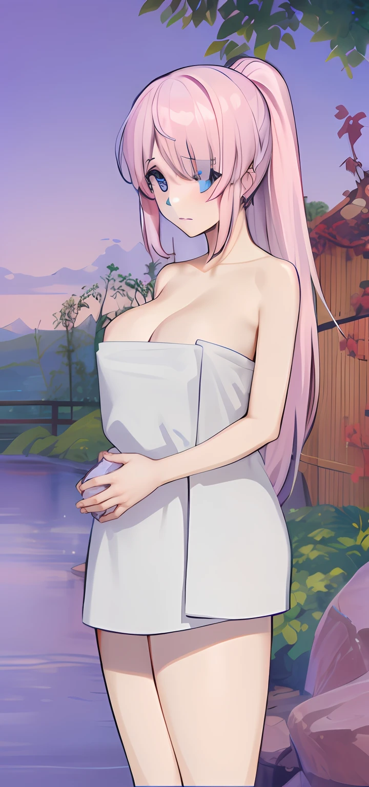 Girl Onsen with shy face blue eyes left eyes little bit hidden fix hand