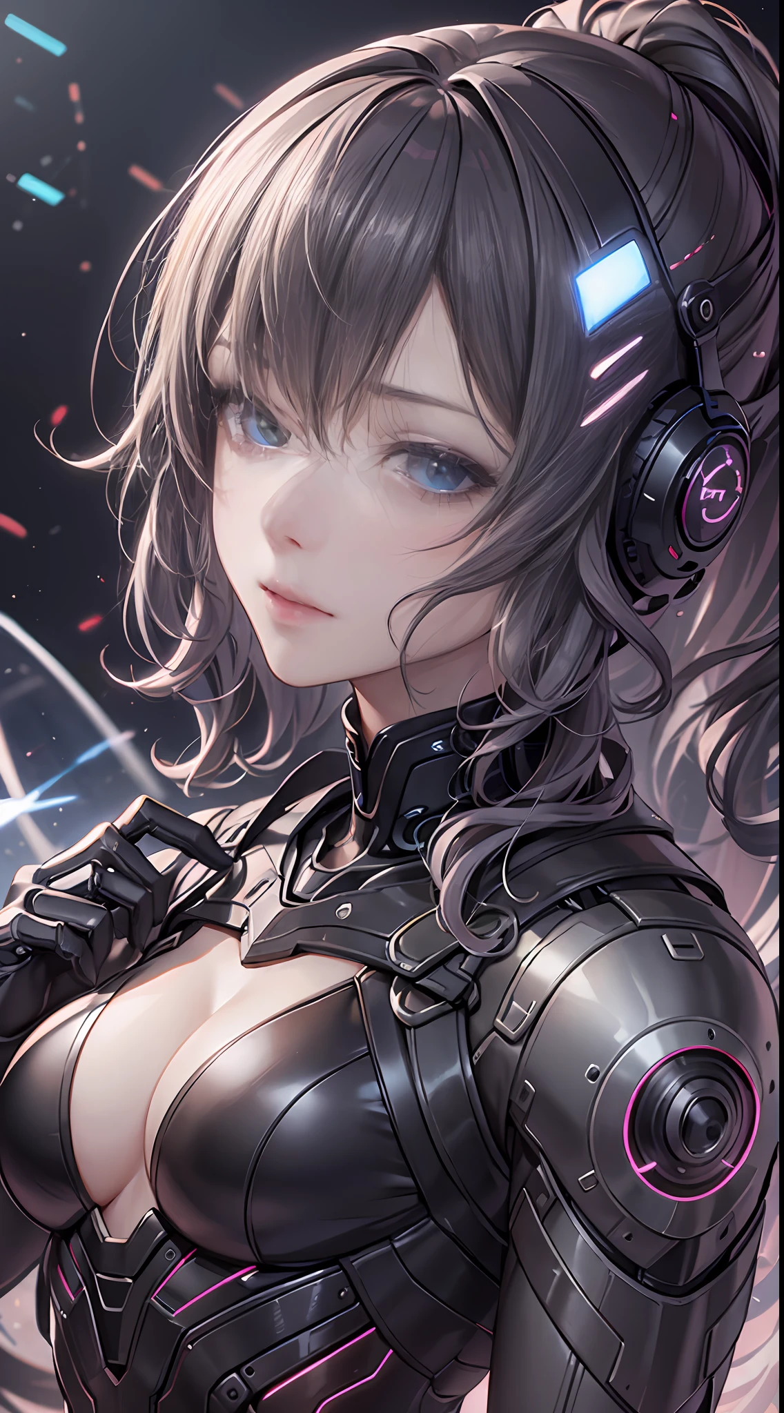 (8K、RAW photography、top-quality:1.4、A high resolution:1.4、tmasterpiece:1.4)、(hyper realisitc:1.4)、1girll、hentail realism、The ultra-detailliert,closeup cleavage、Floating hair、Soft light、full bodyesbian、85mmレンズ、f/1.4、profesional lighting、Luminous Particle:0.8、Transparency、one-girl、Curly high ponytail girl,Gray hair,cyber punk style,afofuturism,holographic projections,neonlight,Mechanical heart,Mechanical wings,Technological buildings in the distance,tmasterpiece,A high resolution,8K,Very graphic impact,The brush is clear,Full of detail,Vivid eyes,Delicate face,Mechanical wings