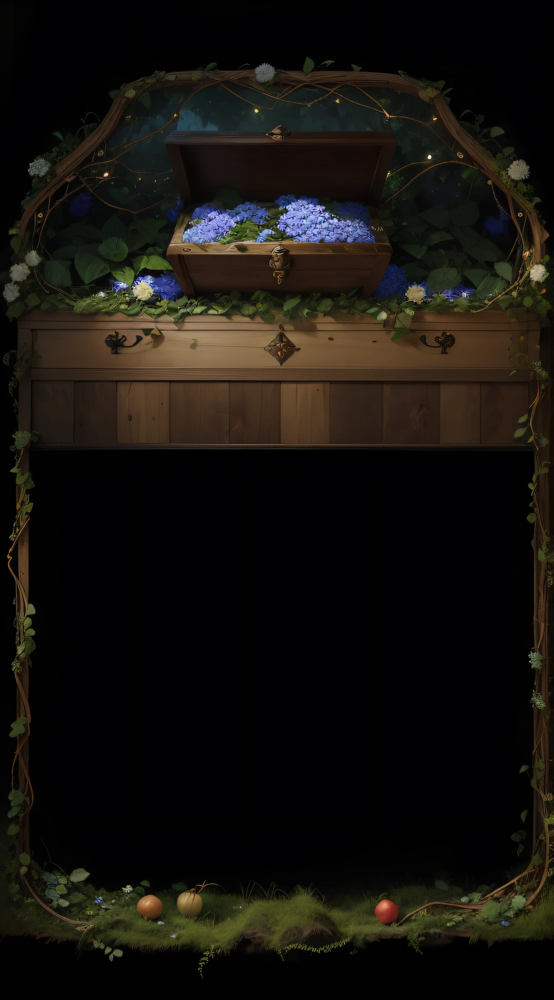 Wooden frame,Vines are entangled,A treasure chest in the middle,Stack diamonds,,Delicate diamonds,Plank brand,grassy fields,steins,foliage,Dropped fruits,the detail,Authentic details,Complex vines,Exquisite,photore,Realistic
