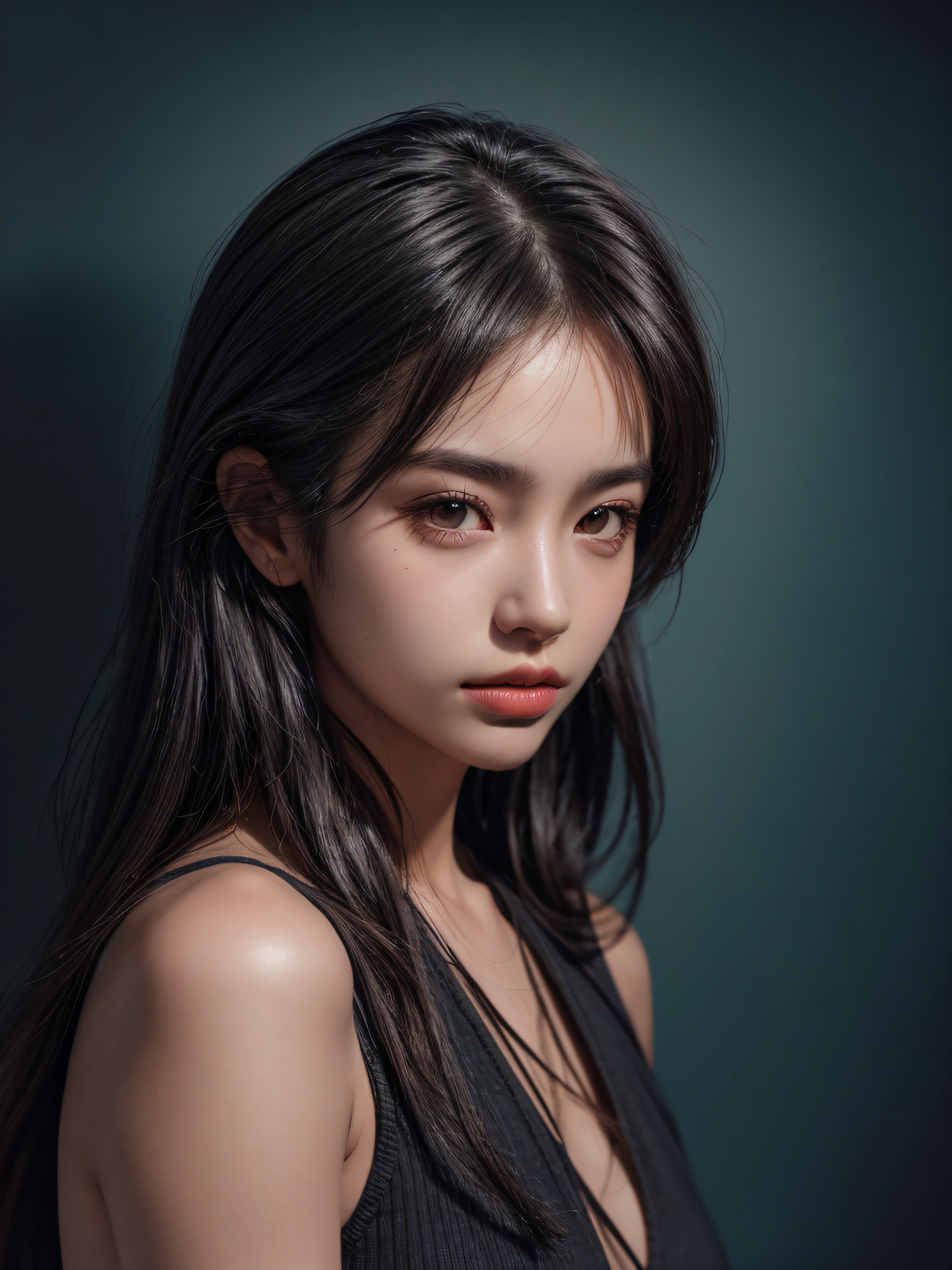photography, upper body, a 20 yo woman, long hair, dark theme, muted colors, high contrast, (natural skin texture, hyperrealism, sharp:1.2),(simple background), hyperrealistic, analog