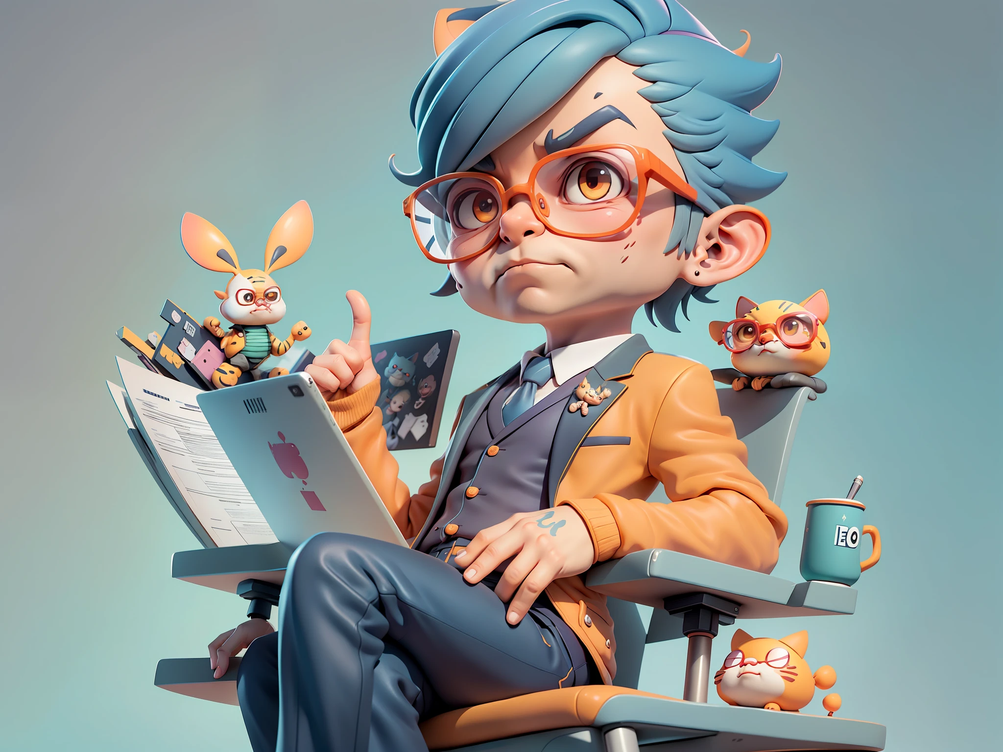 A young man in a suit and pants，Short hair and glasses，Sitting at your desk，holding laptop，digitial painting，cartoonish style，4K HD illustration，Very detailed facial features，tigre，Mark Clairdon，by Pixar，3D character design：Hayao Miyazaki and Akira Toriyama, Cartoon-style visuals。