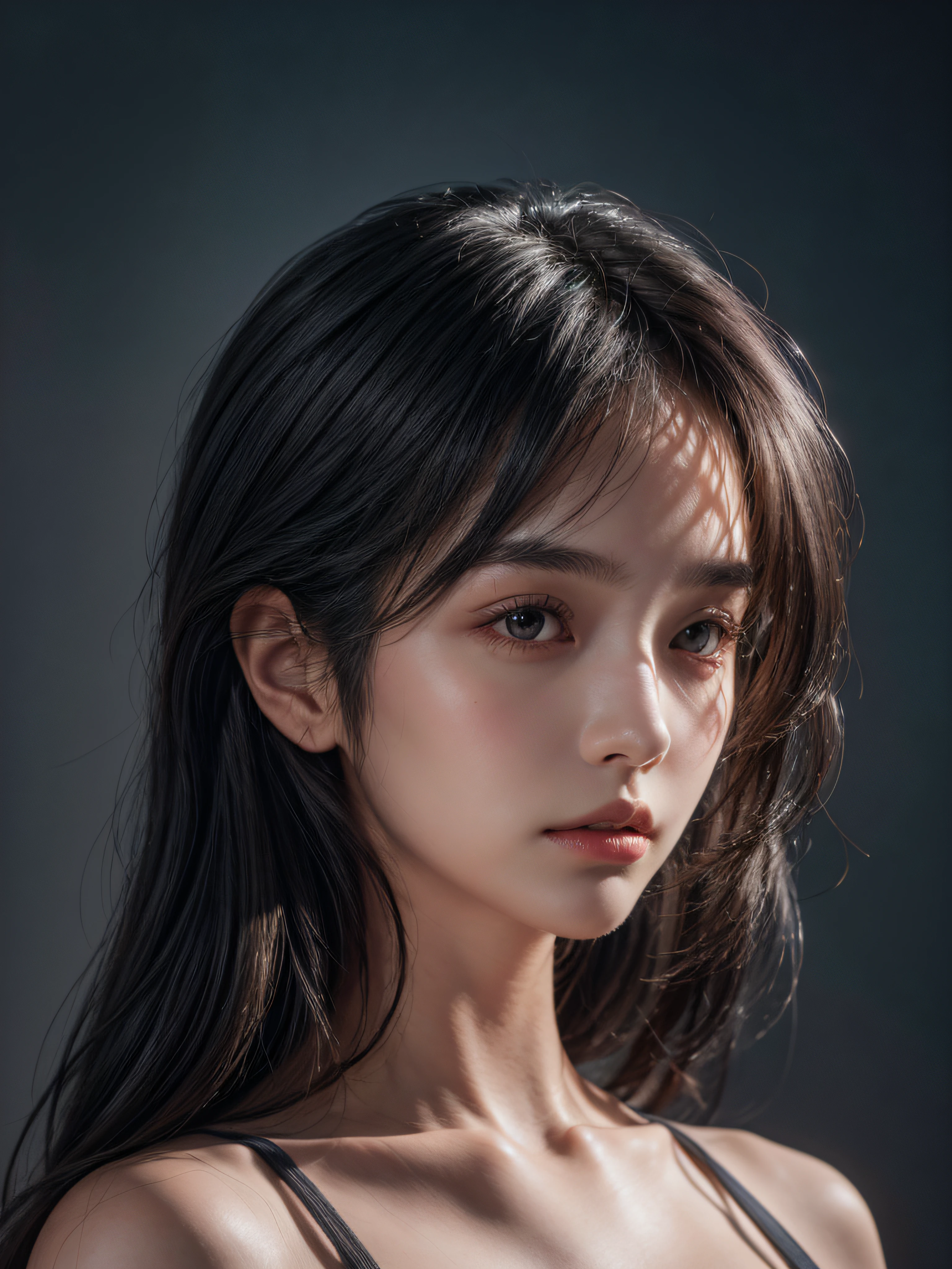 photography, upper body, a 20 yo woman, long hair, dark theme, muted colors, high contrast, (natural skin texture, hyperrealism, sharp:1.2),(simple background), hyperrealistic, analog