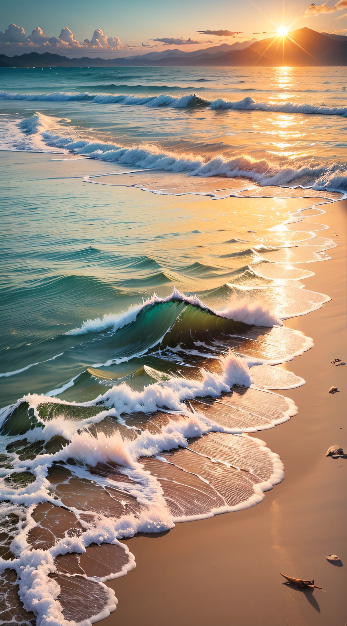 You are challenged to create a realistic image of a shell on the edge of the sea, on a beautiful beach with a lush landscape. The shell is white in color with a soft sheen and contains a delicate pearl inside. The crystal clear sea water is gently touching the shell, enveloping it with white foams and small drops of water. The sun is setting on the horizon, painting the sky with orange and gold hues, while its reflections shine on the surface of the sea. The beach is composed of fine, clear sand, decorated with shells and small waves crumbling into the sand. The surrounding landscape is lush, with coconut trees, tropical plants and distant mountains. Create an image that captures the serenity, natural beauty and harmony between the shell, the pearl, the sea and the beach, in a magical scene in the late afternoon." --auto --s2