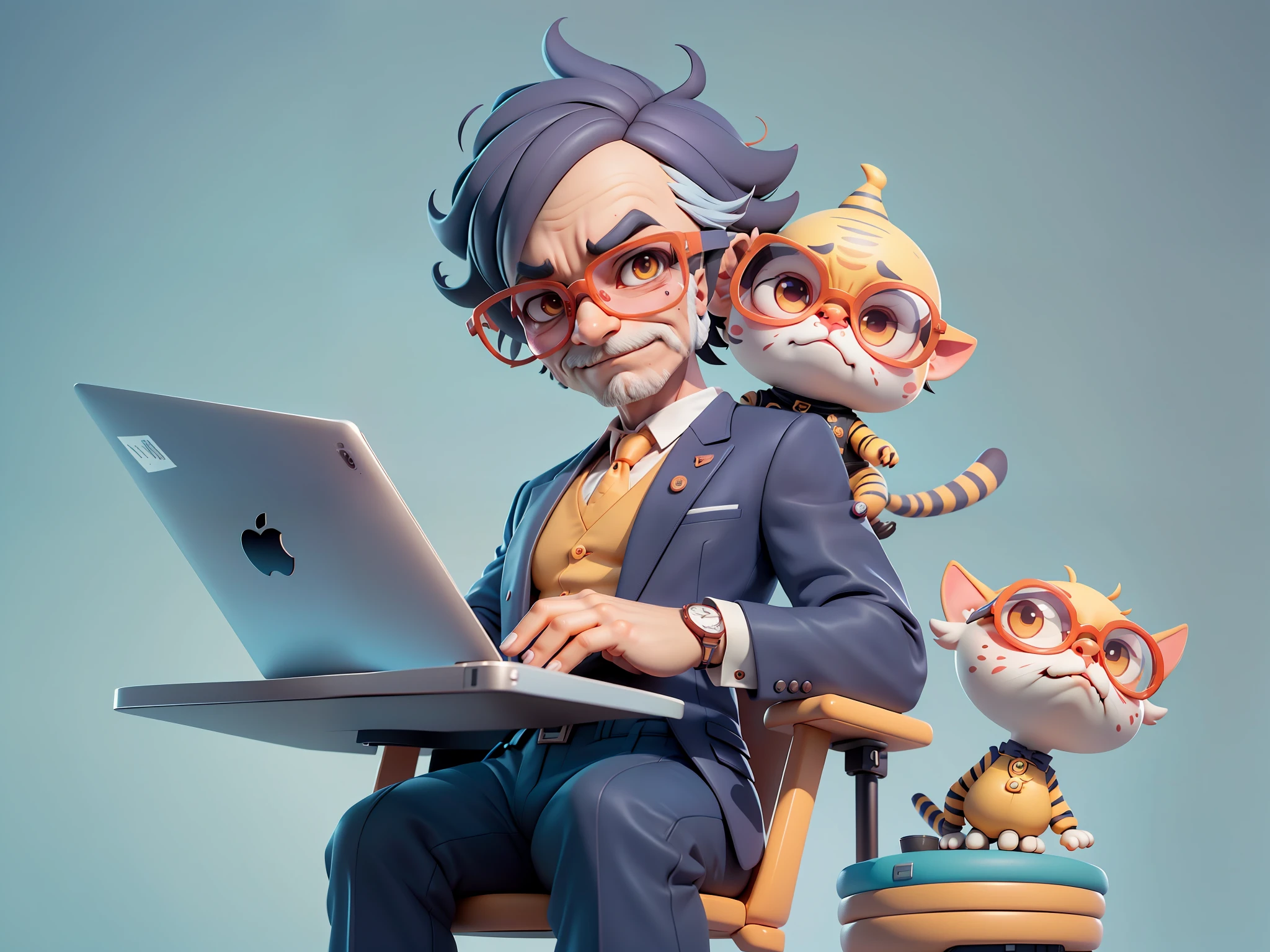 A young man in a suit and pants，Short hair and glasses，Sitting at your desk，holding laptop，digitial painting，cartoonish style，4K HD illustration，Very detailed facial features，tigre，Mark Clairdon，by Pixar，3D character design：Hayao Miyazaki and Akira Toriyama, Cartoon-style visuals。