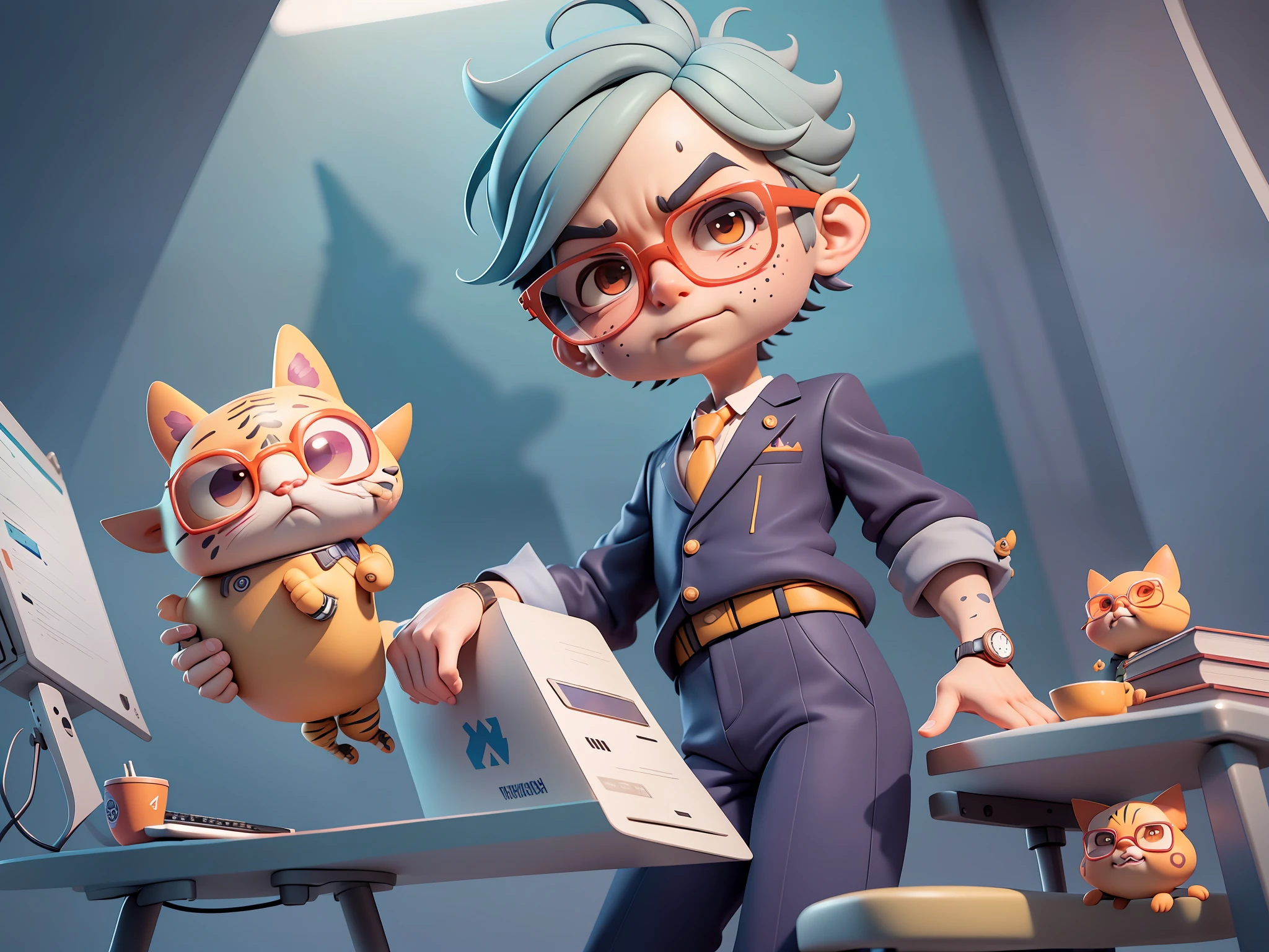 A young man in a suit and pants,Short hair and glasses,Sitting at your desk,holding laptop,digitial painting,cartoonish style,4K HD illustration,Very detailed facial features,tigre,Mark Clairdon,by Pixar,3D character design:Hayao Miyazaki and Akira Toriyama, Cartoon-style visuals。
