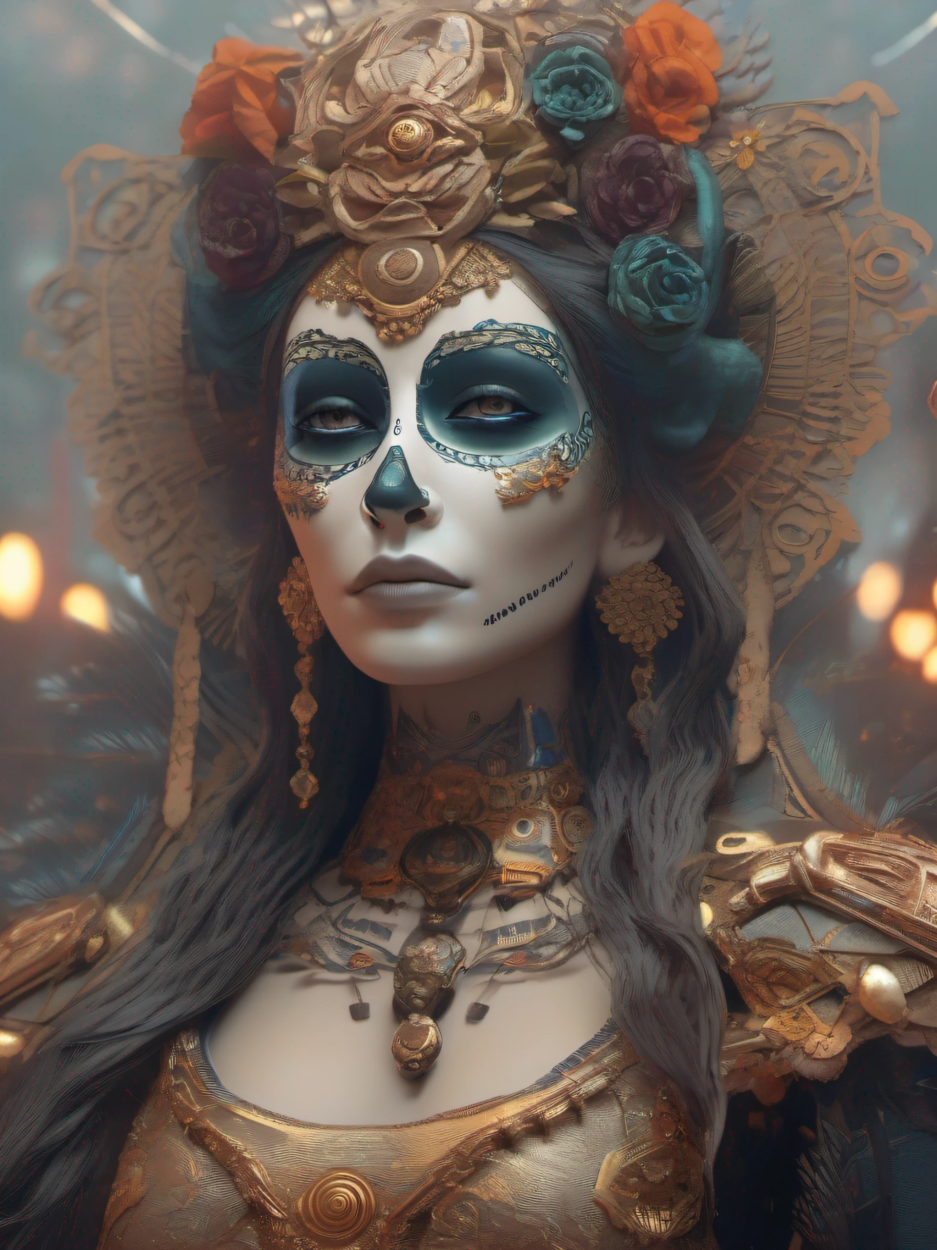 ultra detailed Female Android deity, scifi, octane render, clay render, (dia de los muertos), asymmetrical, intricate concept art, art by michael welan and DZO and greg rutkowski and alphonse mucha and loish and WLOP