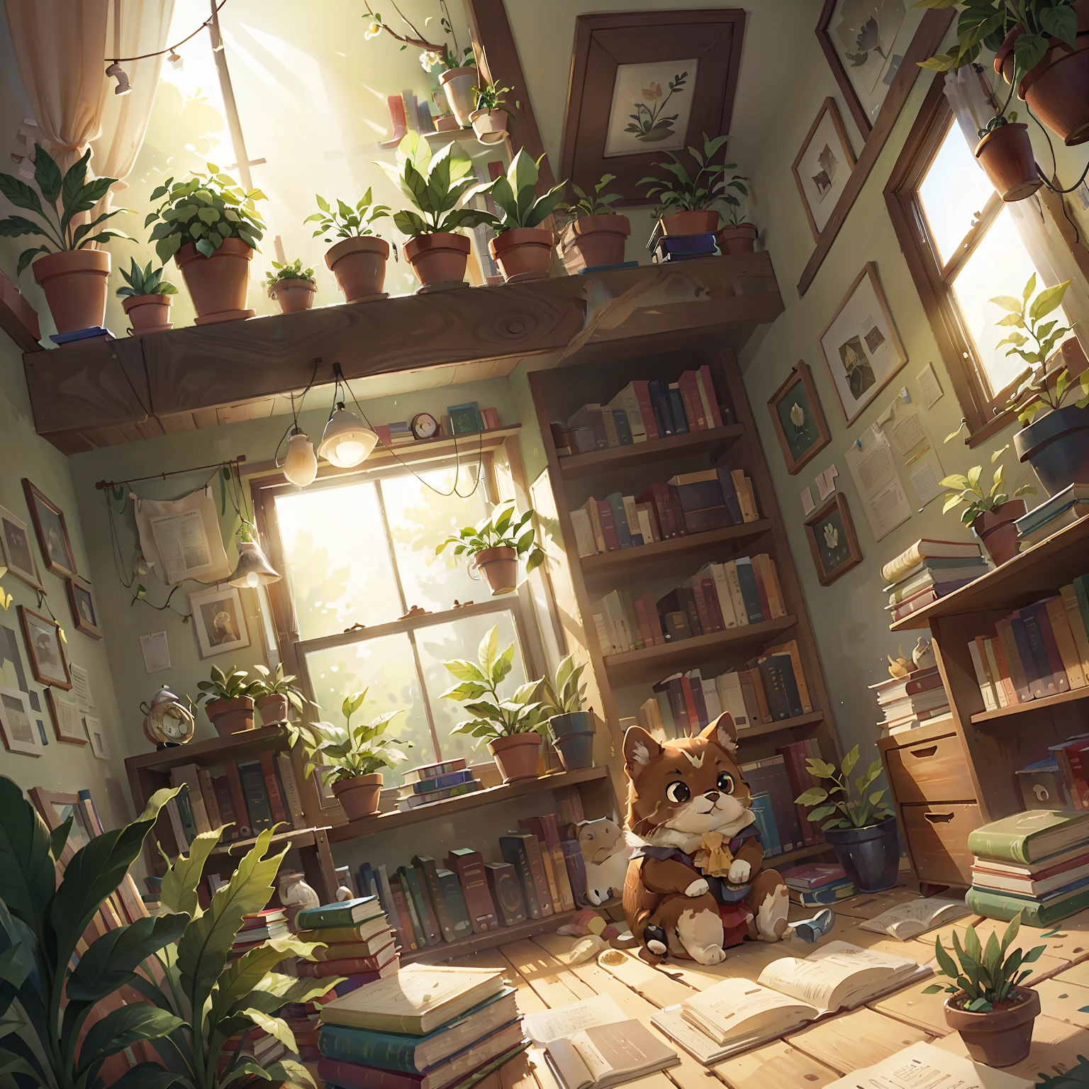 An interior scene,Sunlight shines in through the windows,The ground is full of books,Plants in the room,bookshelves,Heartwarming scene