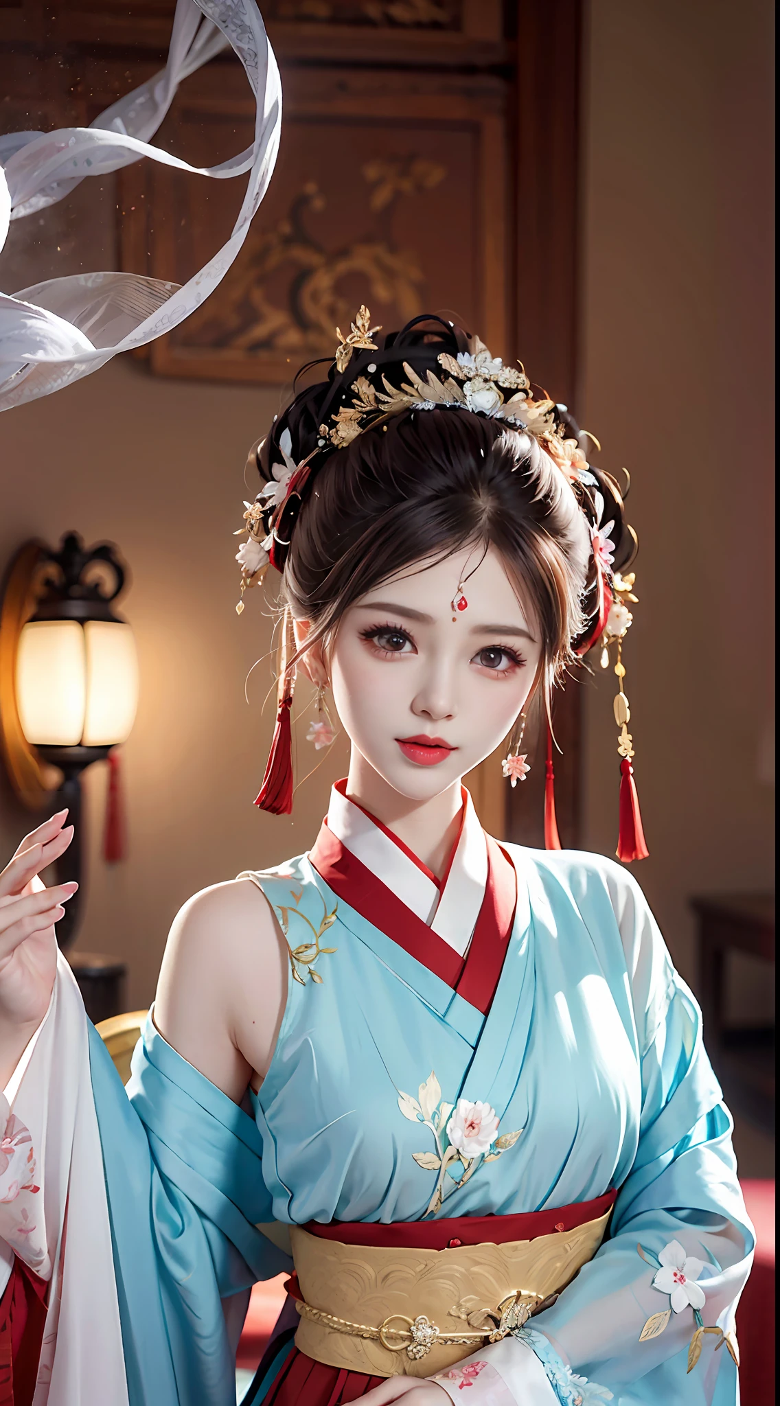 JK Maiden，A girl wearing a Japanese girls' school uniform，8K，Extremely high image quality，Cinematic film texture，photorealestic，Eating Japanese food，Nikkei background，depth of fields，Tatami room，Warm lighting，Bow on chest，Qi bangs，Long hair that falls over the shoulder，(Playful eyes)，二重まぶた，Deepening of the tail of the eyes，Lying silkworm，Wear a bracelet on your wrist，Scarlet lips，The lips are shiny and textured，Fine skin texture，Brown sparkling pupils，((((Keep your eyes on the camera))))，Slender fingers，((face round))，(((Small lips)))，Black halterneck hanfu，Small-headed spells(Prompt): （（hyper HD）），Best image quality，8K resolution，Higher quality，Works of masters，Antique peerless beauty bride，Exquisite facial features，Absolutely beautiful，Crystal red lips，ssmile，Nice big eyes，Delicate long eyelashes，Sweet with lying silkworms，鎖骨，Black color hair（（Loose Chinese antique hairstyle，Floral hair ornaments，Wearing a white sheer silk shirt with large sleeves，Glossy，Multi-layer yarn，There is beautiful embroidery，））Skin that is white and red，Extreme picture quality（（（（Get close to the viewer，Court-style mosquito nets，Festival room，sit on a bed