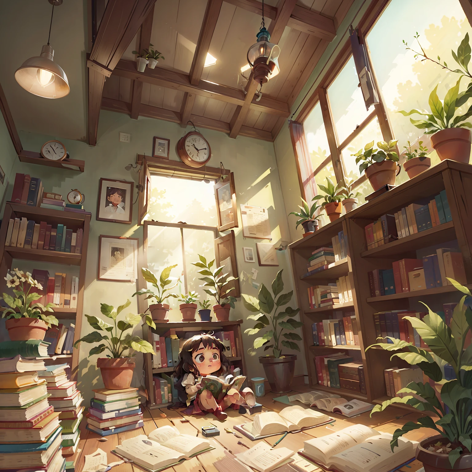 An interior scene，Sunlight shines in through the windows，The ground is full of books，Plants in the room，bookshelves，Heartwarming scene