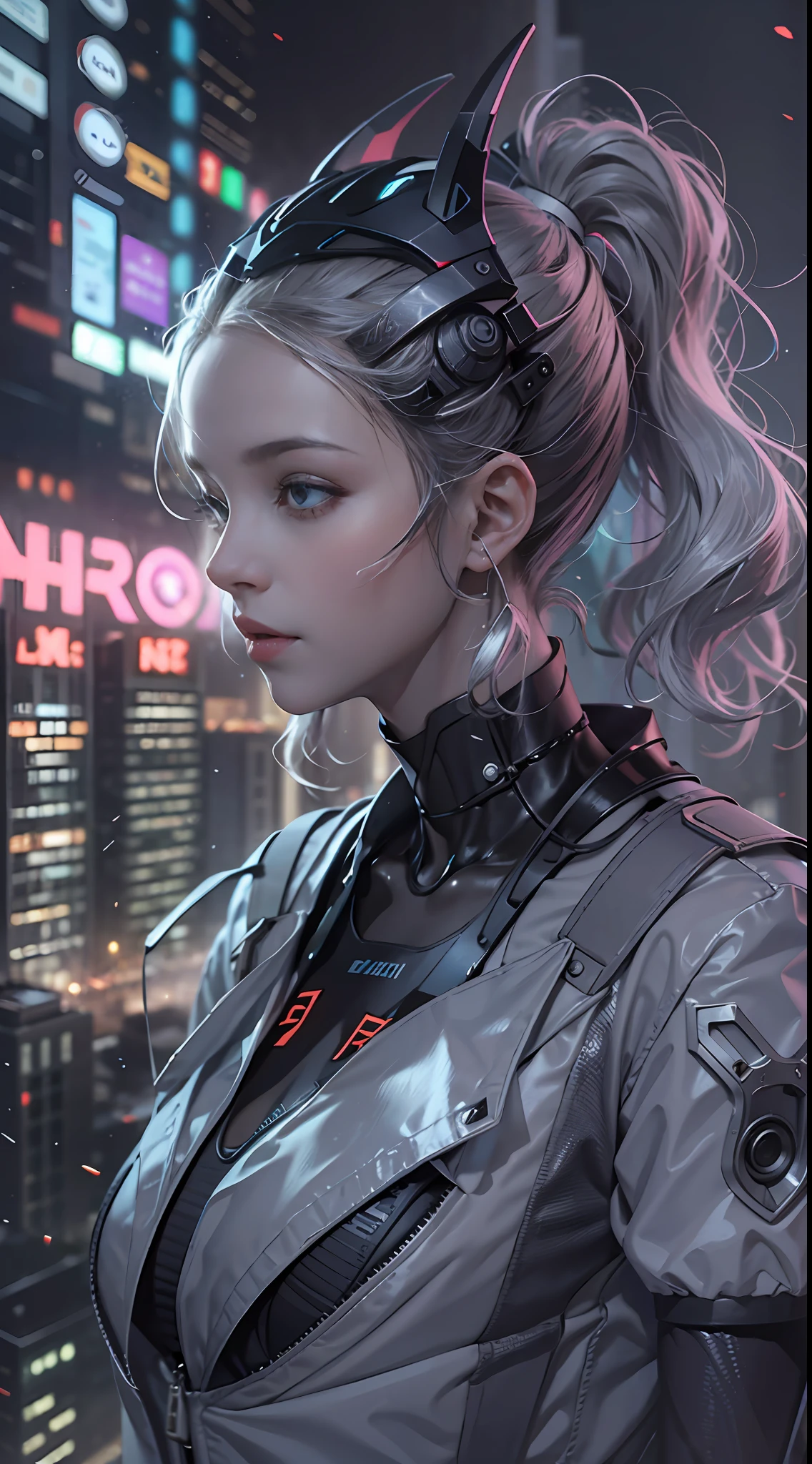 （8K、RAW photography、top-quality:1.4、A high resolution:1.4、tmasterpiece:1.4）、（hyper realisitc:1.4）、1girll、hentail realism、The ultra-detailliert,closeup cleavage、Floating hair、Soft light、full bodyesbian、85mmレンズ、f/1.4、profesional lighting、Luminous Particle:0.8、Transparency、one-girl、Curly high ponytail girl，Gray hair，cyber punk style，afofuturism,holographic projections，neonlight，Mechanical heart，Mechanical wings，Technological buildings in the distance，tmasterpiece，A high resolution，8K,Very graphic impact，The brush is clear，Full of detail，Vivid eyes，Delicate face