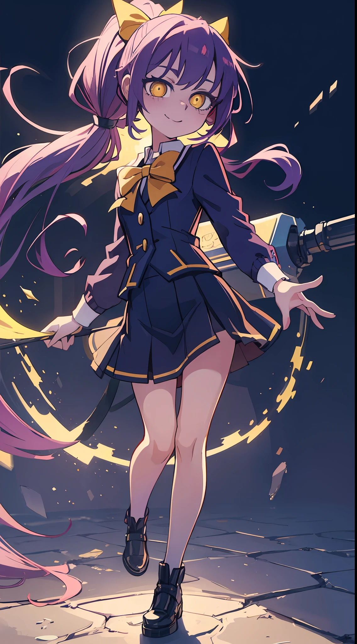 ( body:1.3), loli,ooking at viewer, long purple hair, yellow pupils, (masterpiece, best quality:1.2), (solo), (1girl), best quality, (photorealistic:1.4),ultra detailed, solo, (full body:1.5), standing, love in eyes, double ponytail, blushing, cute, smile, purple school uniform, bow tie red, yellow bow hairpin, long sleeves, miniskirt