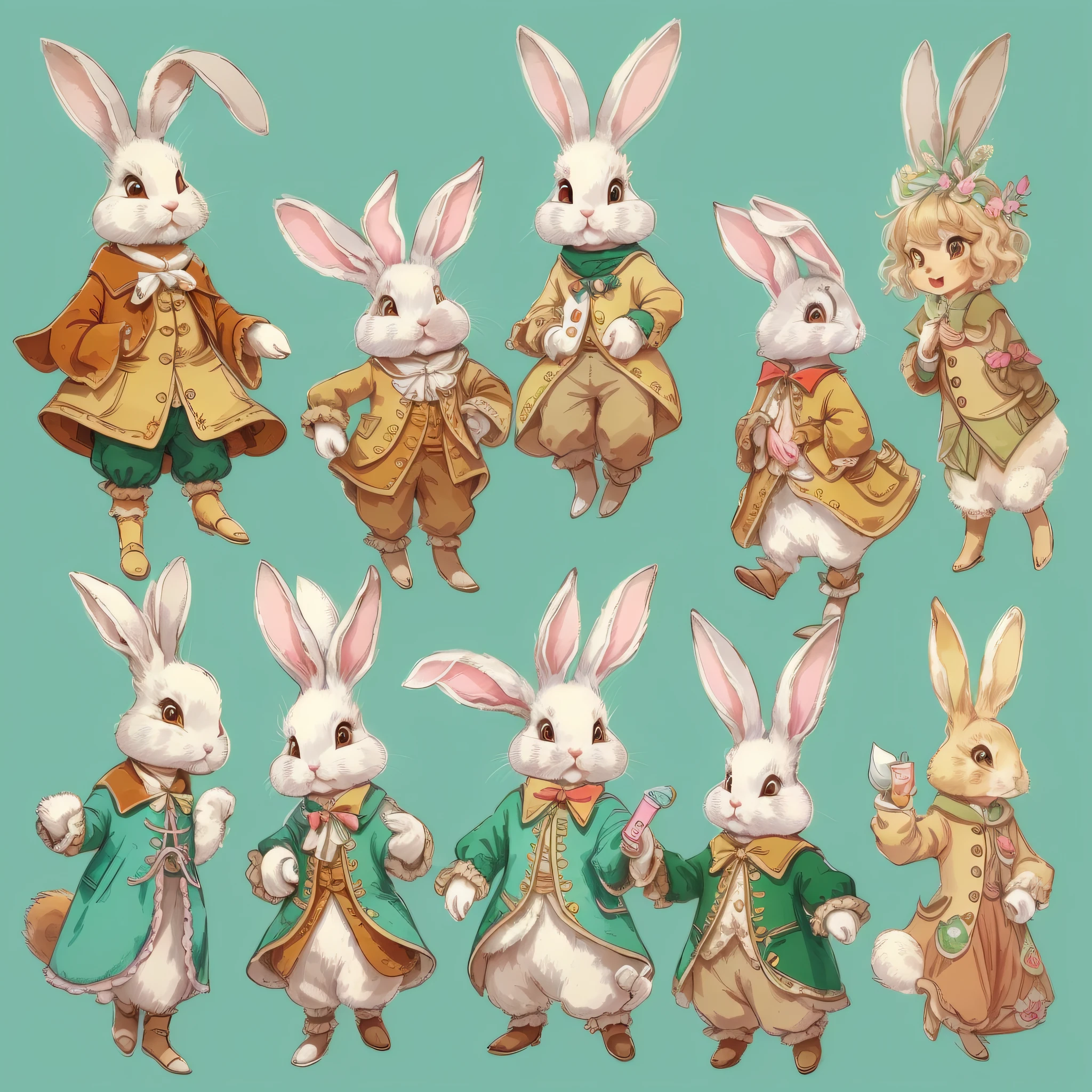 An ultra-high picture quality、Super delicate、Character design drawings、Full body like、Multiple Pose、Multiple facial expressions、((Anthropomorphic cute rabbit))、Cute characters from fairy tales、Cute rabbit in coat、18th century French clothing、Colorful colors、